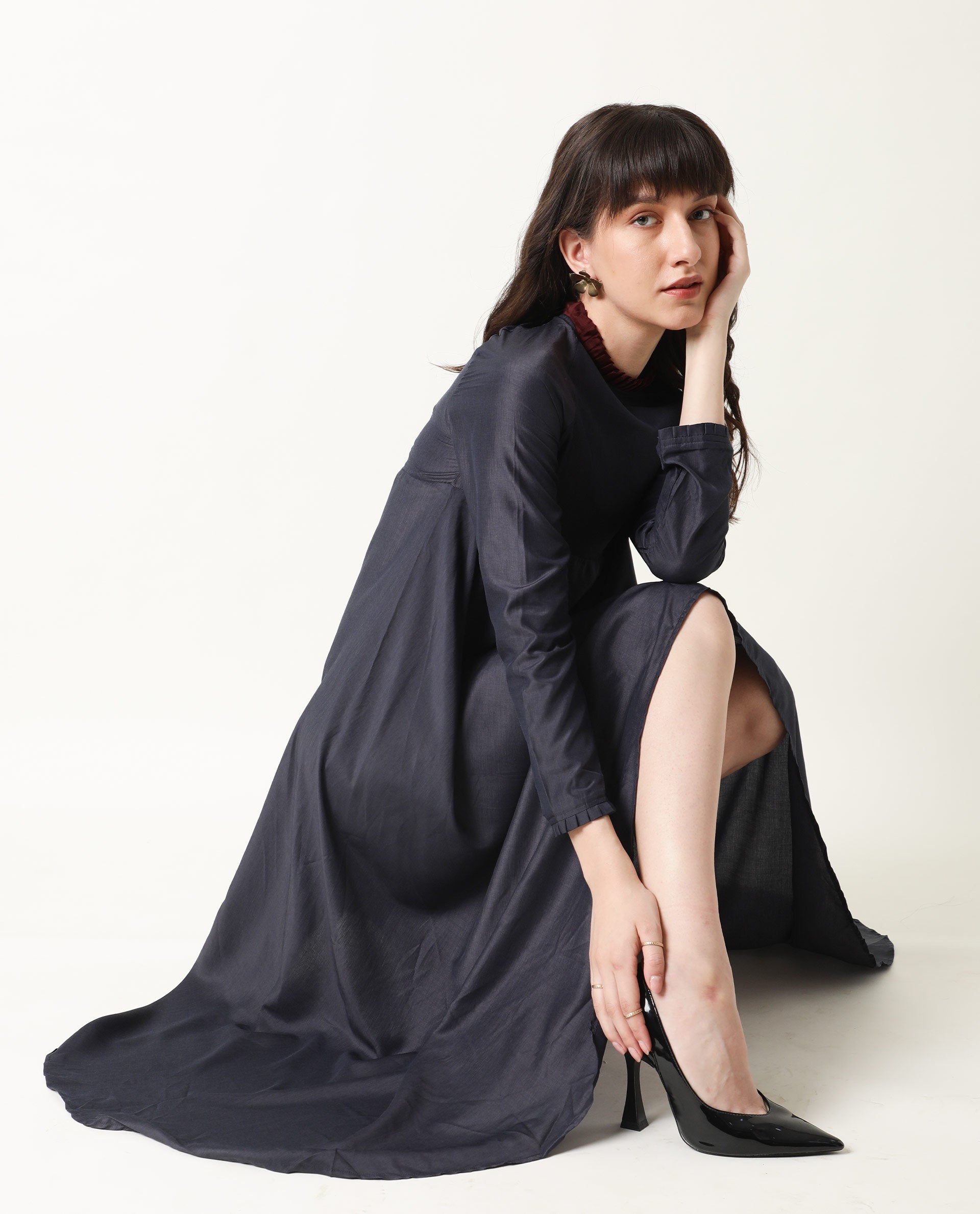 Rareism Womens Falcon Navy Dress Polyester Fabric Relaxed Fit Full Sleeve Round Neck