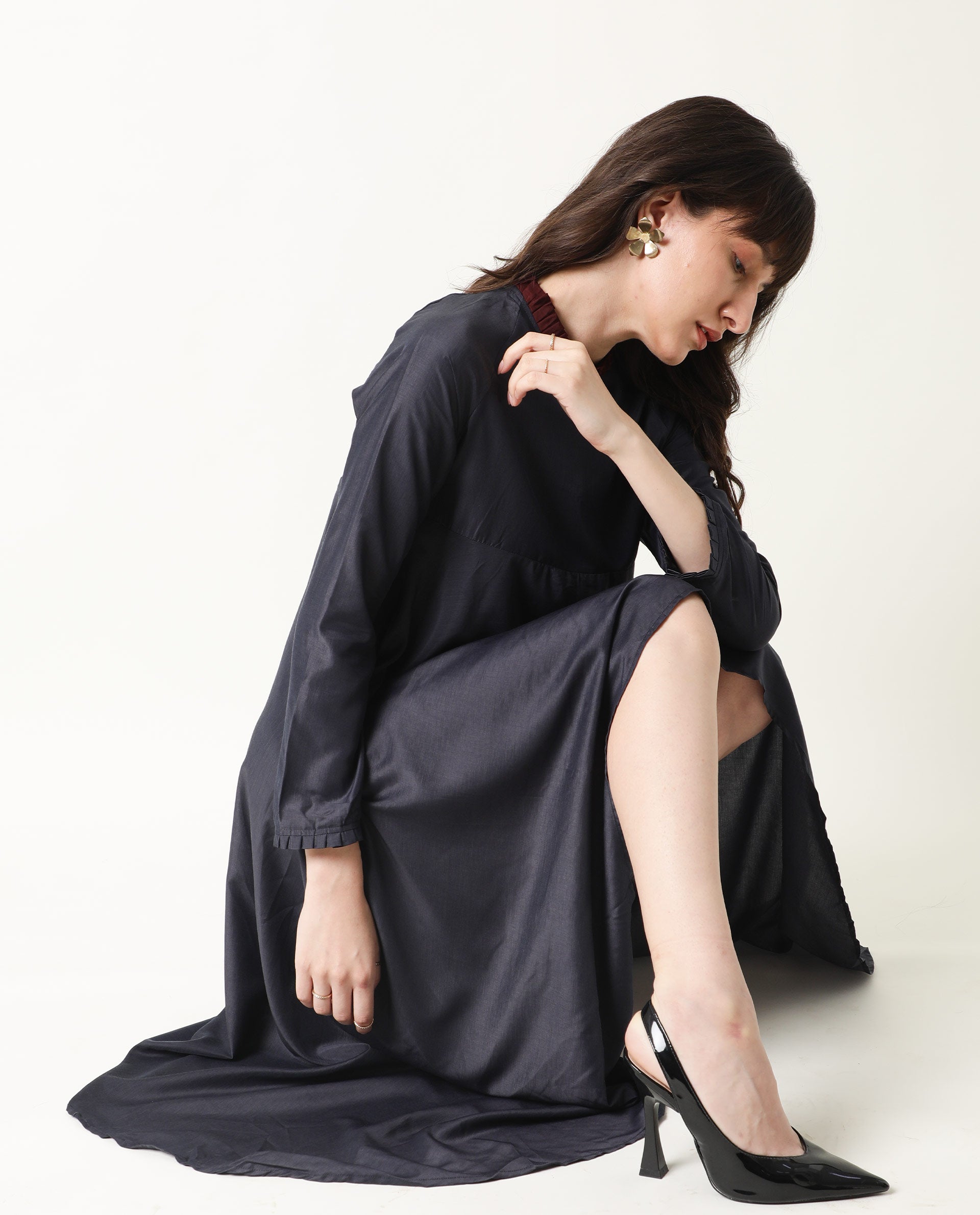 Rareism Womens Falcon Navy Dress Polyester Fabric Relaxed Fit Full Sleeve Round Neck