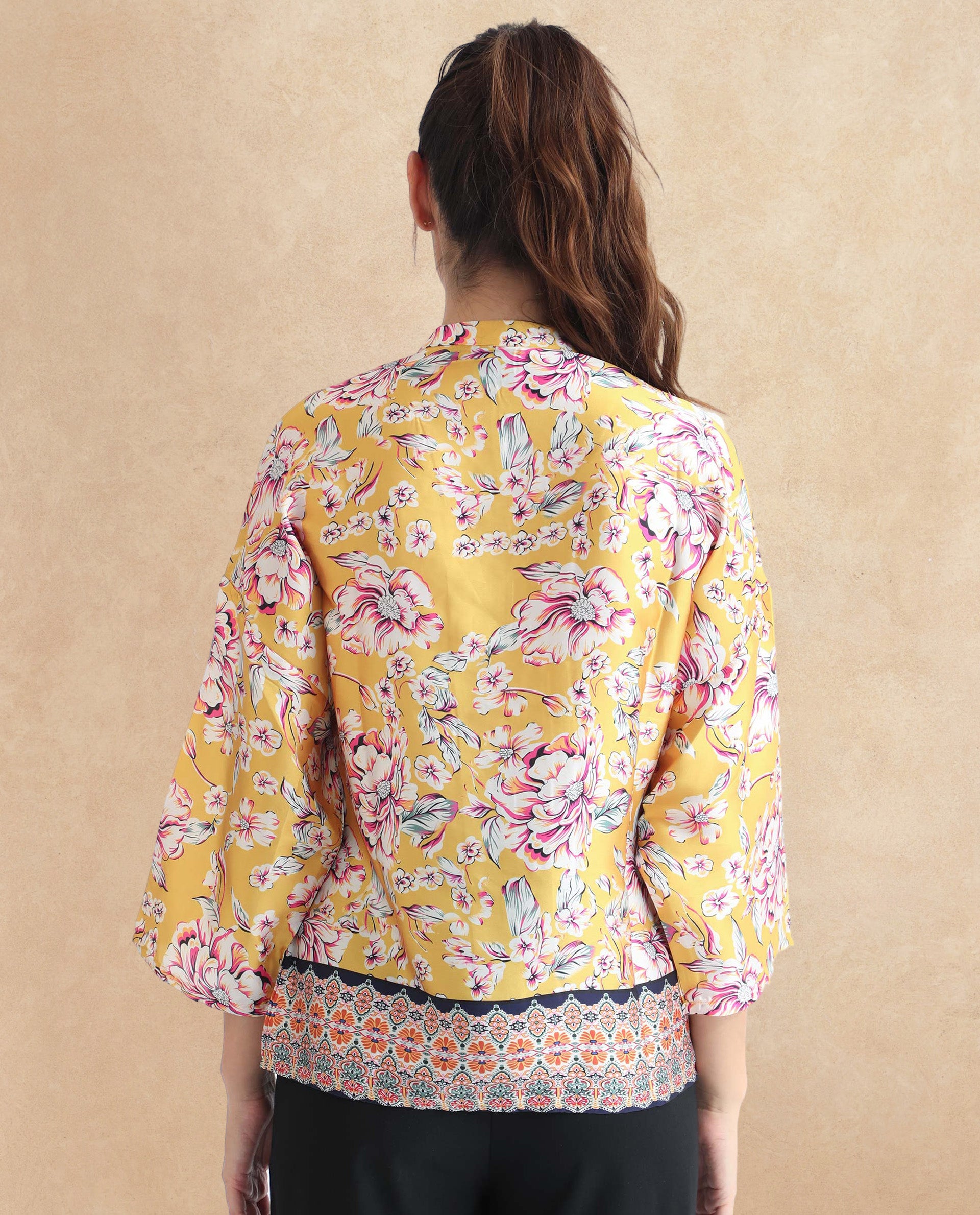 Rareism Women Falke Yellow Polyester Fabric 3/4Th Sleeves Button Closure Mandarin Collar Kimono Sleeve Regular Fit Floral Print Knee Top