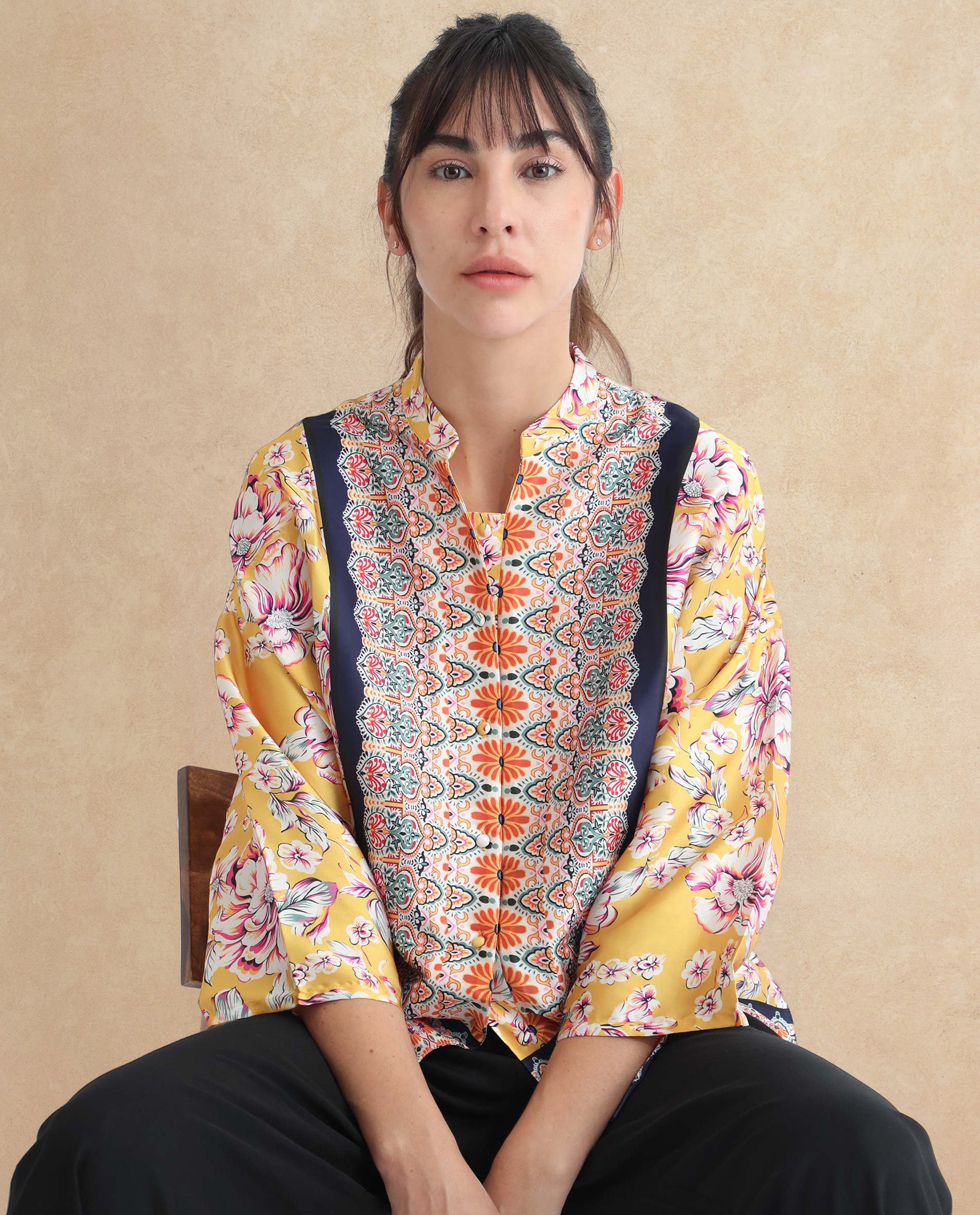 Rareism Women Falke Yellow Polyester Fabric 3/4Th Sleeves Button Closure Mandarin Collar Kimono Sleeve Regular Fit Floral Print Knee Top