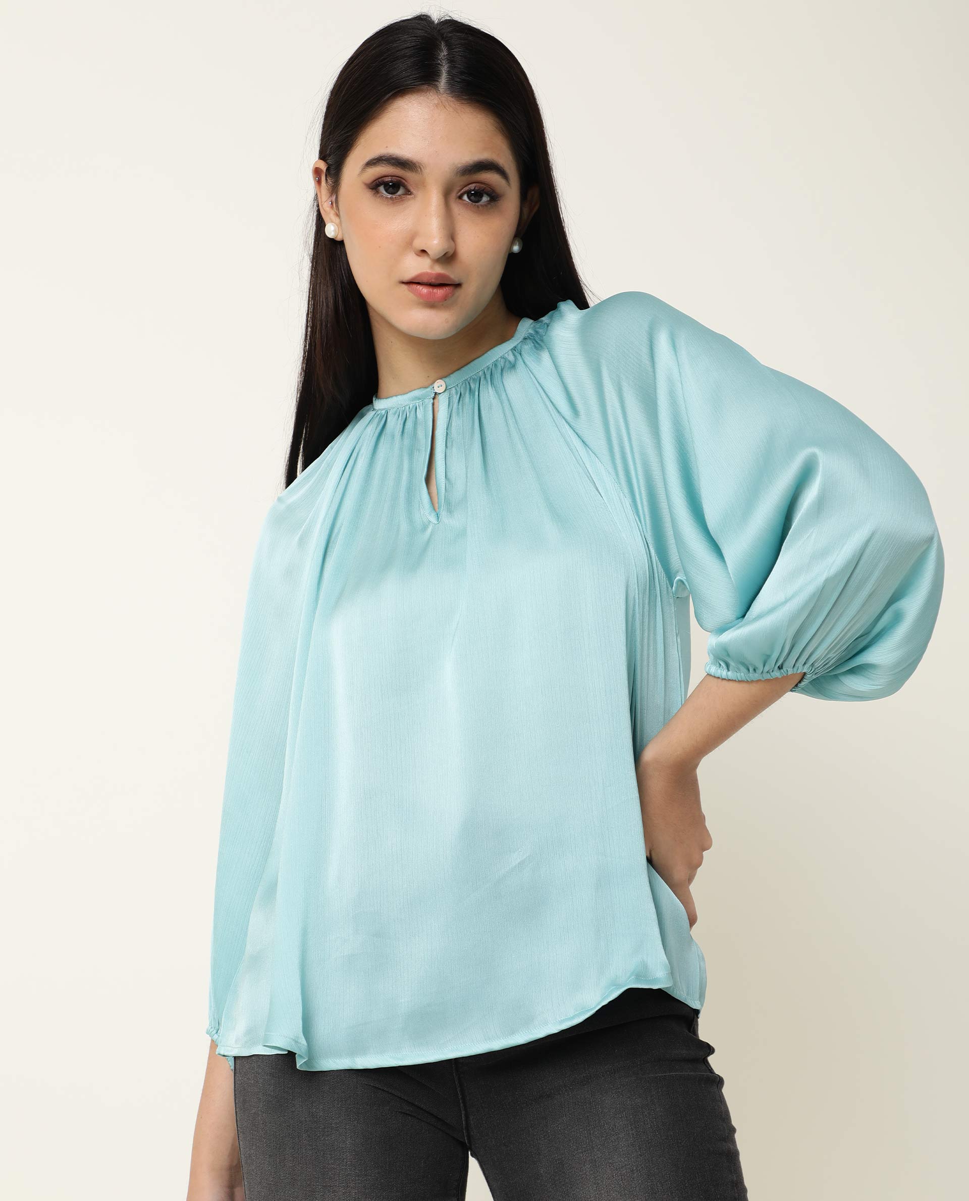 Rareism Womens Fall Blue Top Polyester Fabric Regular Fit Balloon Sleeve Round Neck