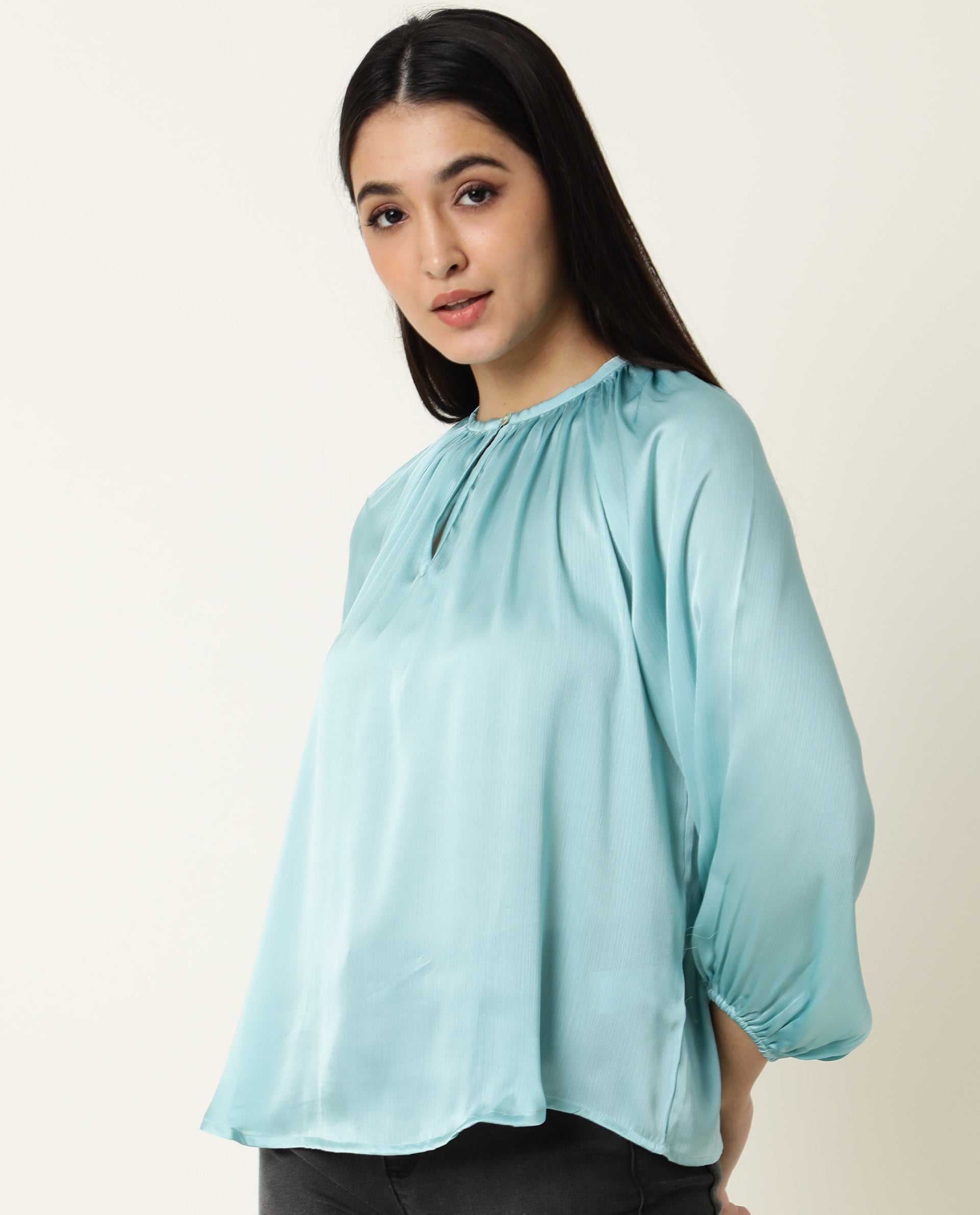 Rareism Womens Fall Blue Top Polyester Fabric Regular Fit Balloon Sleeve Round Neck