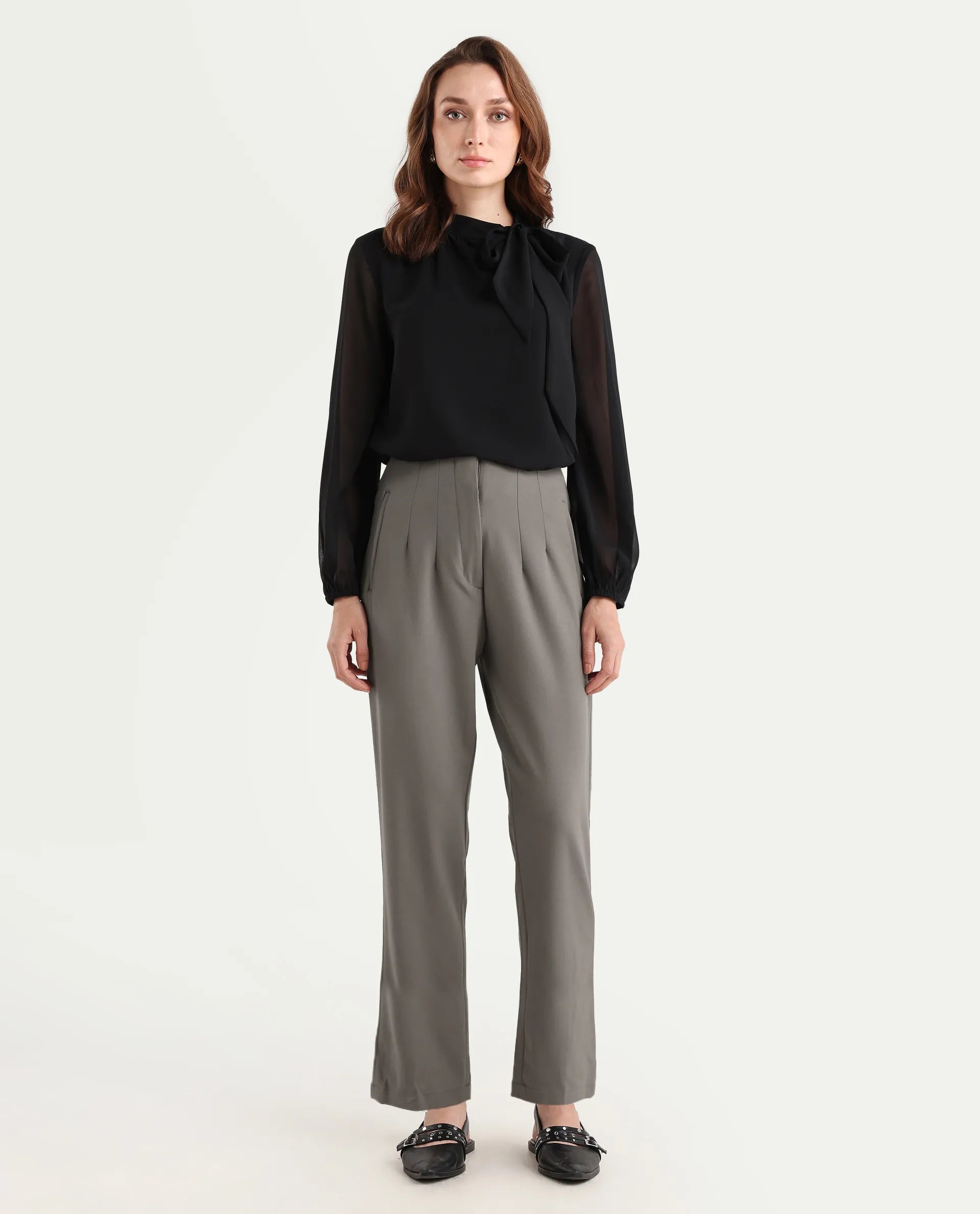 Rareism Women's Falqu Dusky Grey Polyester Blend Plain Ankle Length Tapered Trouser