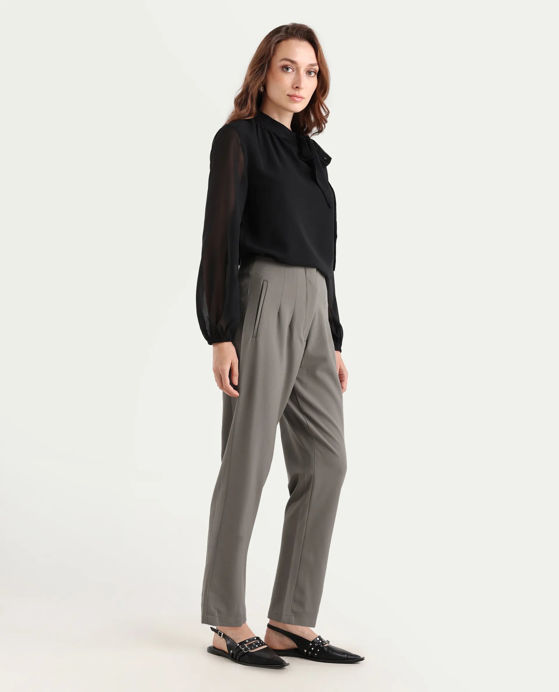 Rareism Women's Falqu Dusky Grey Polyester Blend Plain Ankle Length Tapered Trouser