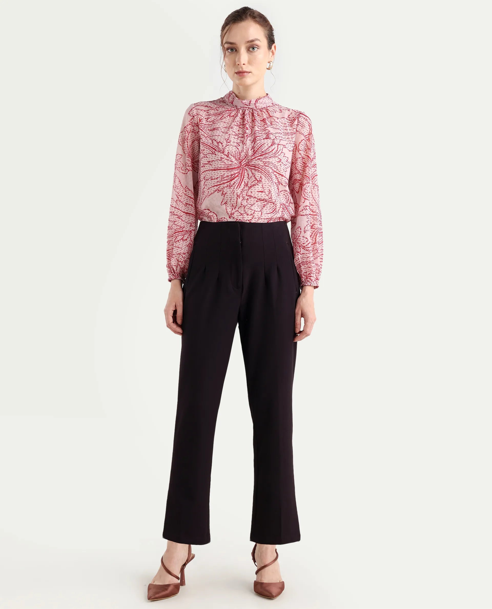 Rareism Women's Falqu Maroon Polyester Blend Plain Ankle Length Tapered Trouser