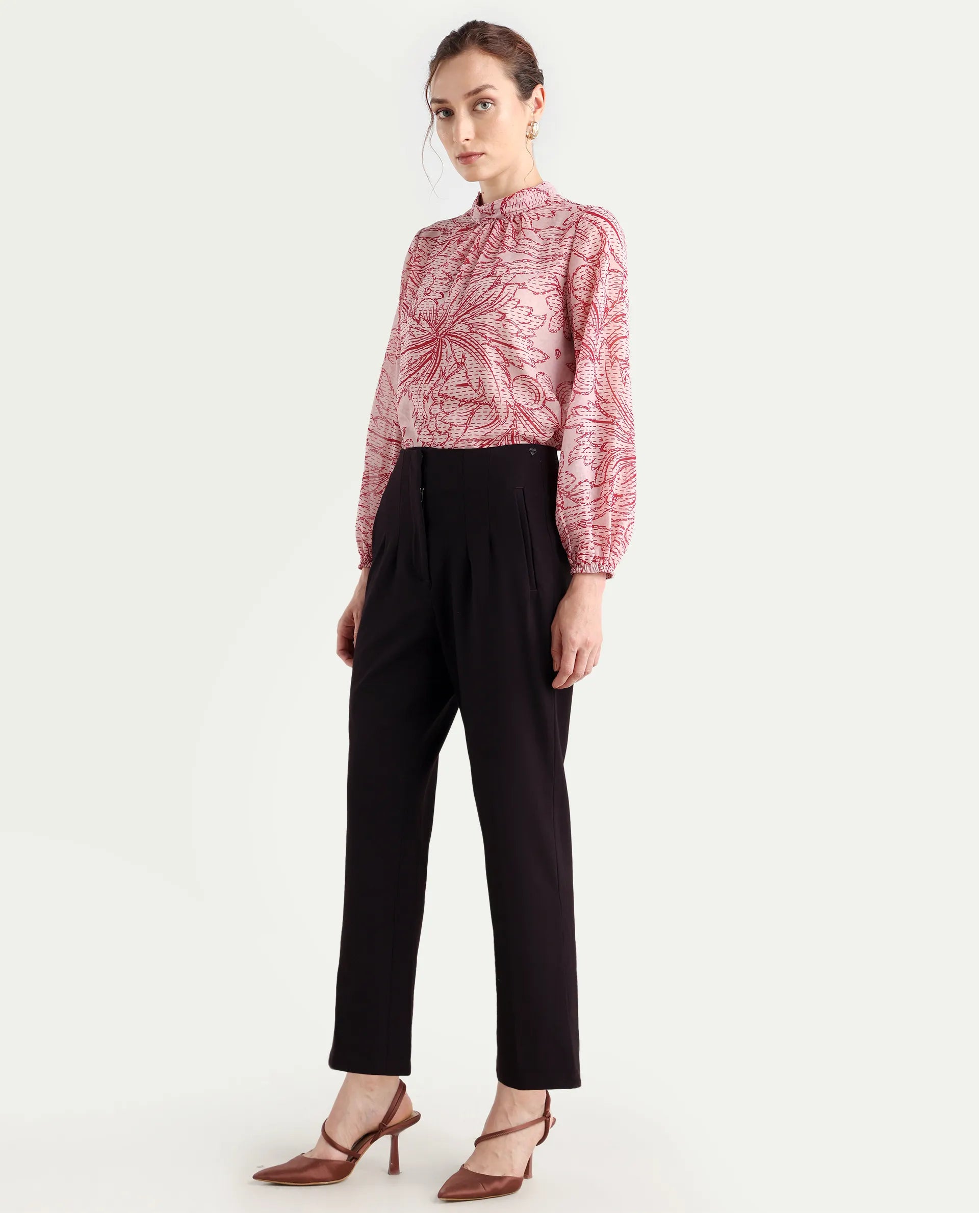 Rareism Women's Falqu Maroon Polyester Blend Plain Ankle Length Tapered Trouser