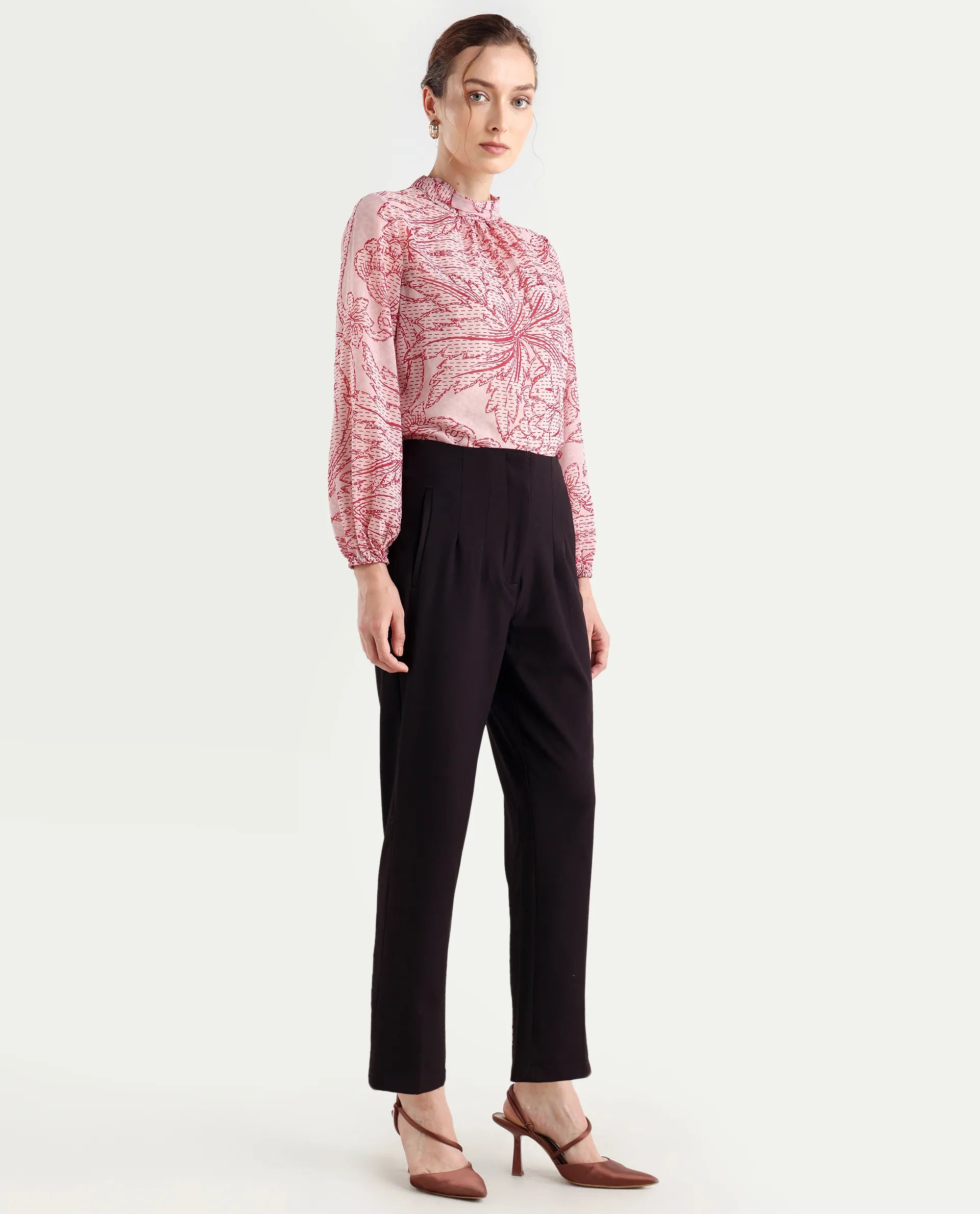 Rareism Women's Falqu Maroon Polyester Blend Plain Ankle Length Tapered Trouser