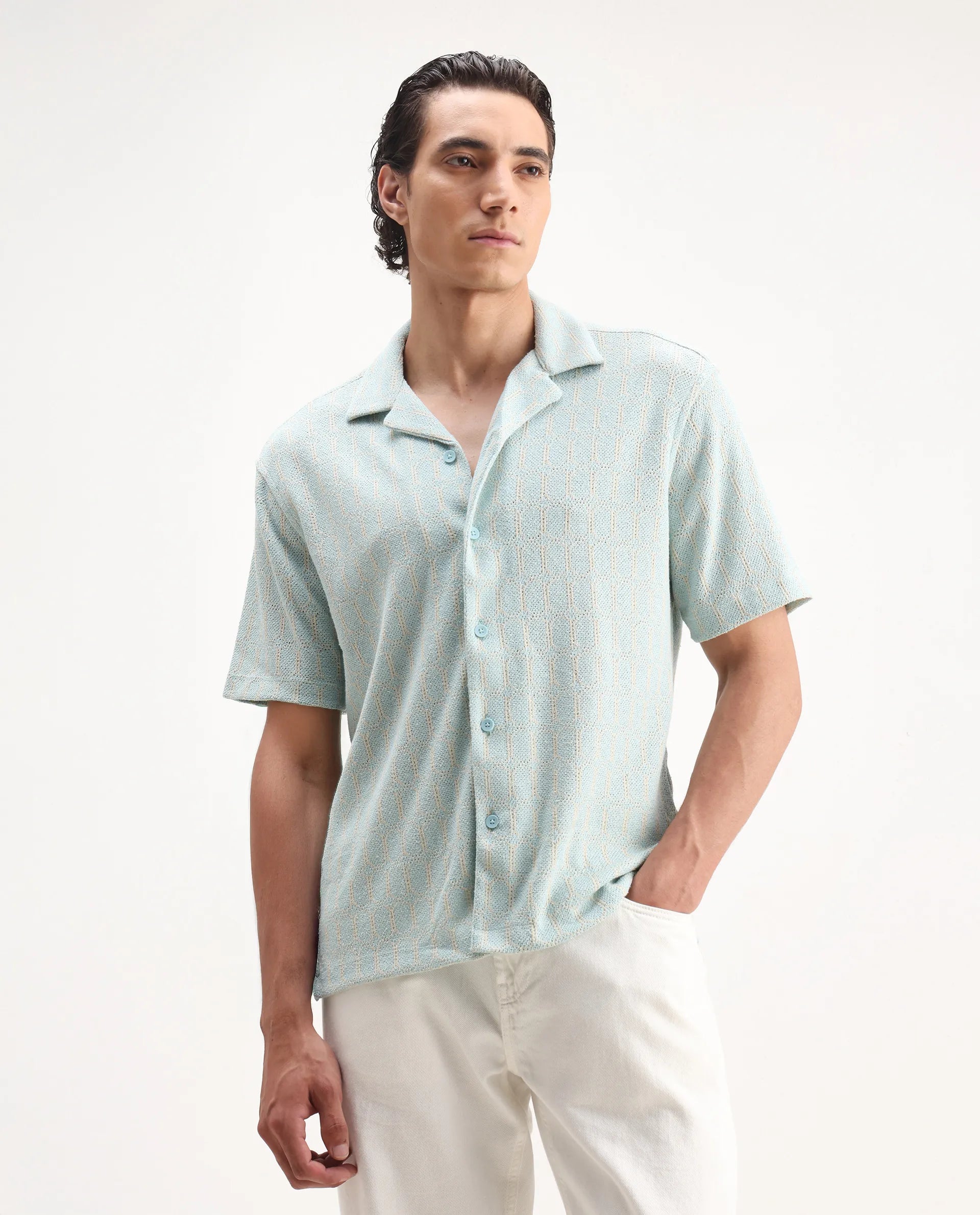 Rare Rabbit Men's Fame Light Blue Cotton Blend Embroidered Relaxed Fit Half Sleeve Cuban Collar Shirt