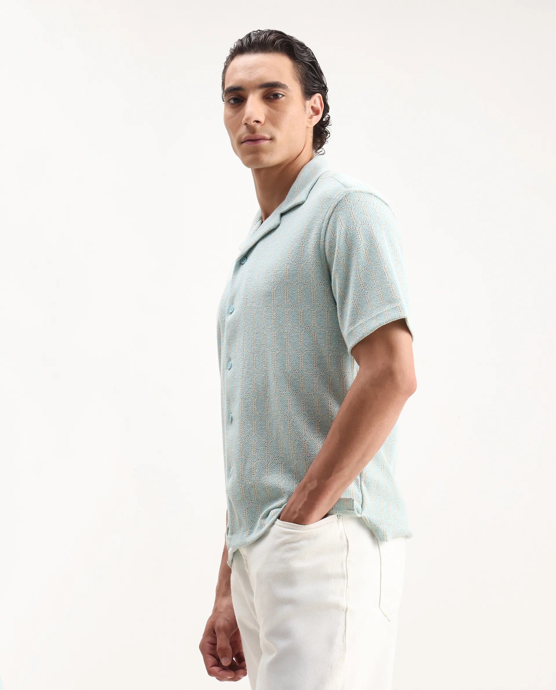 Rare Rabbit Men's Fame Light Blue Cotton Blend Embroidered Relaxed Fit Half Sleeve Cuban Collar Shirt