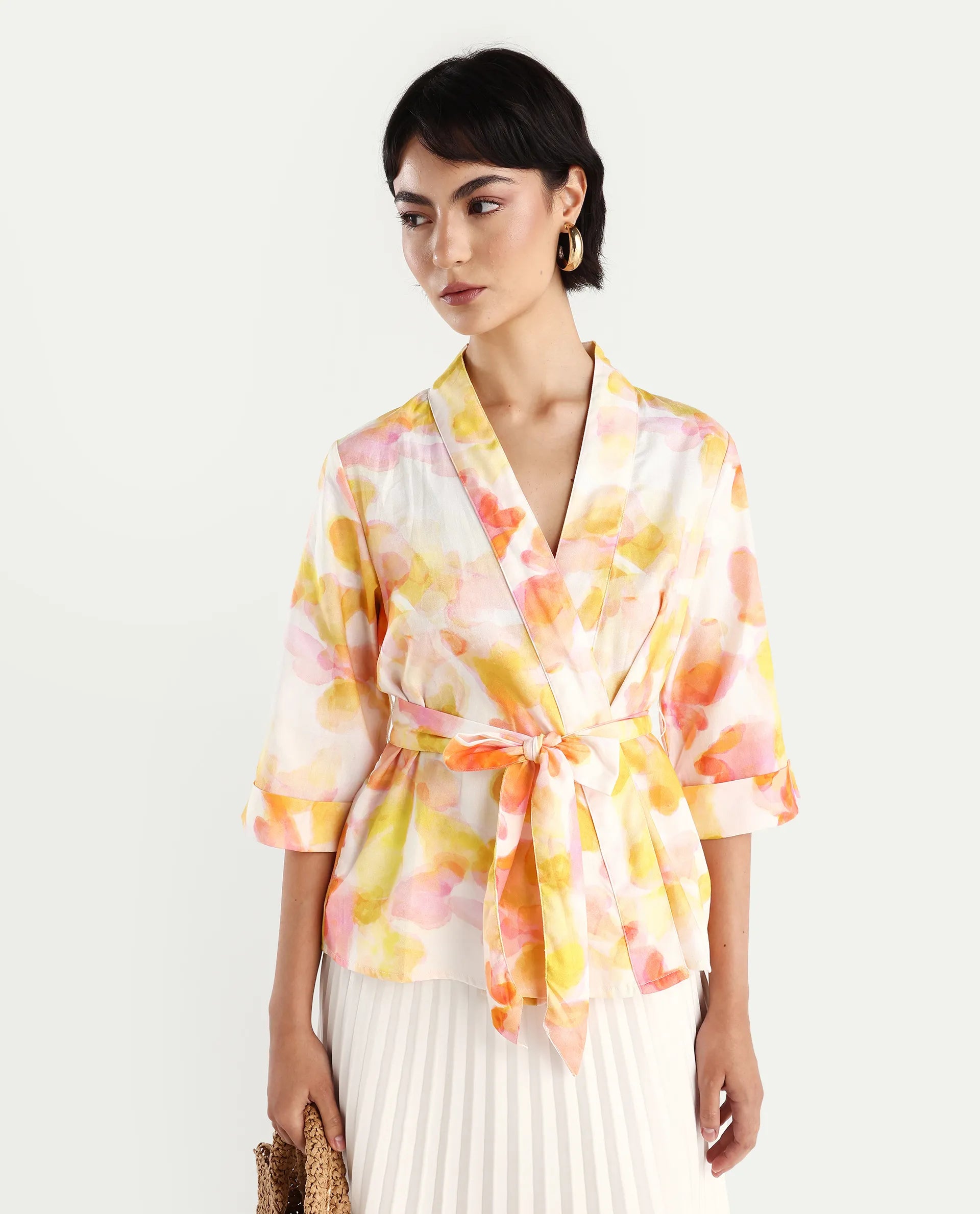 Rareism Women's Famo Light Multi Cotton Blend Overlap Neck Abstract Print Regular Fit Top