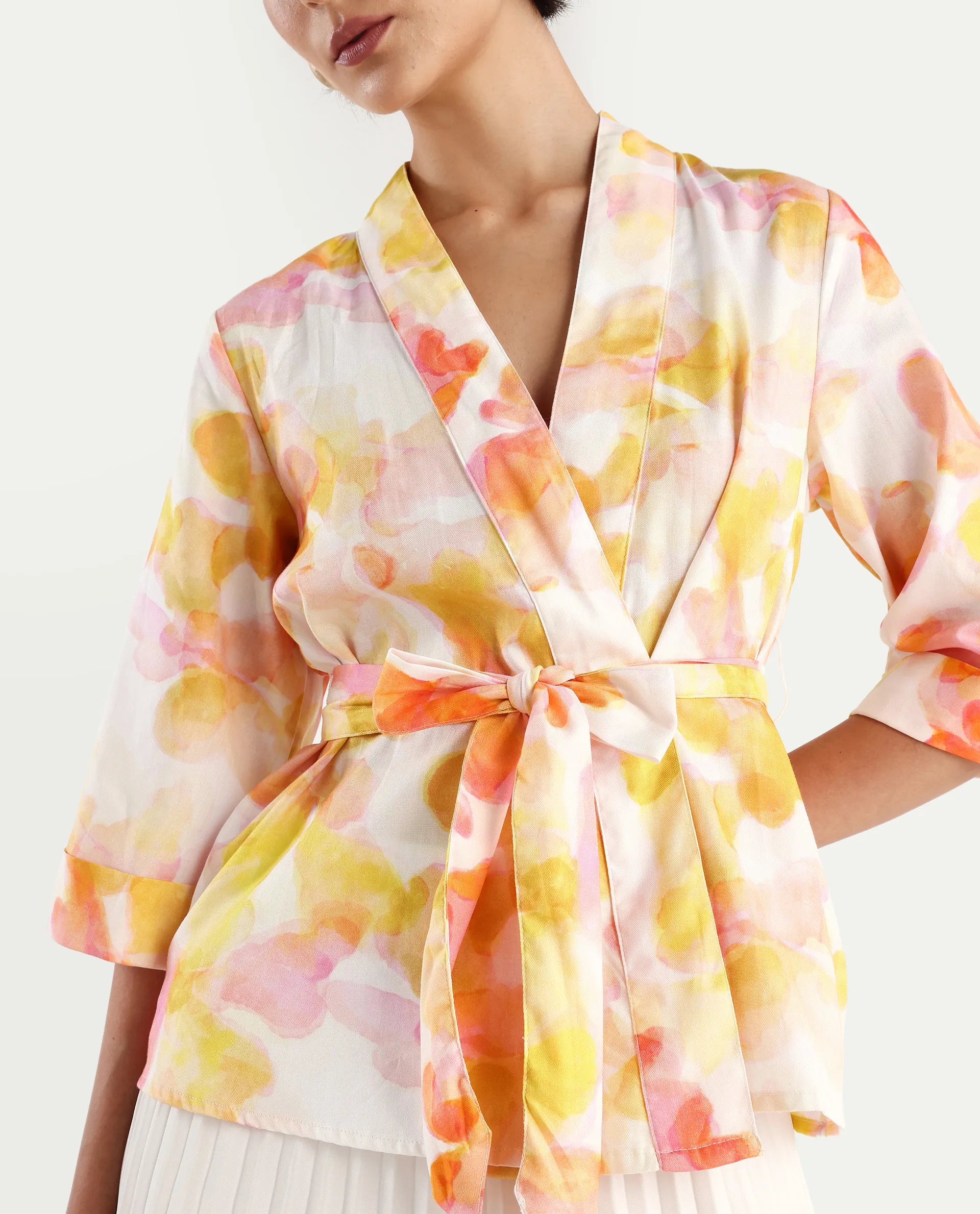 Rareism Women's Famo Light Multi Cotton Blend Overlap Neck Abstract Print Regular Fit Top