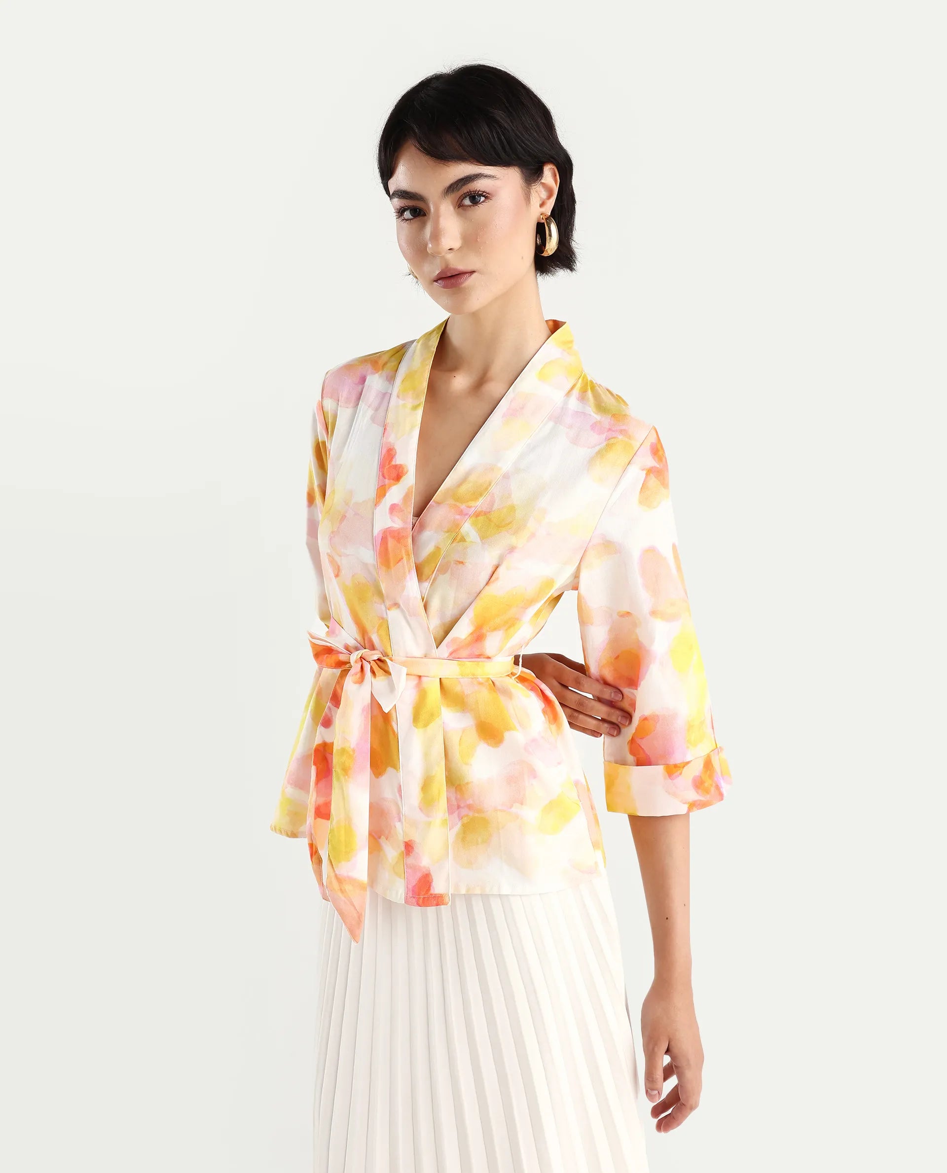 Rareism Women's Famo Light Multi Cotton Blend Overlap Neck Abstract Print Regular Fit Top