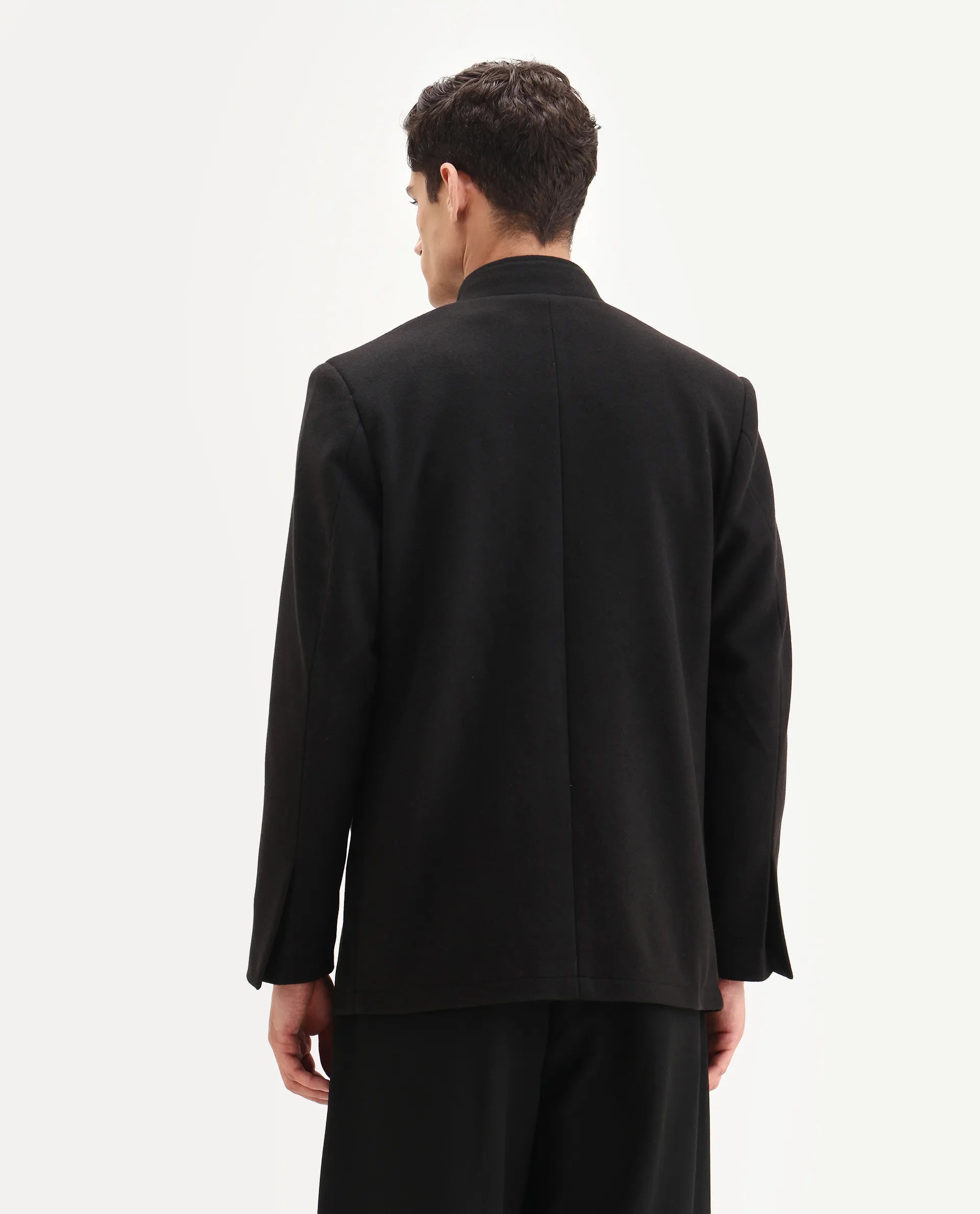 Rare Rabbit Men's Fanzo-25 Black Polyester Blend Fabric High Neck Regular Plain Coat