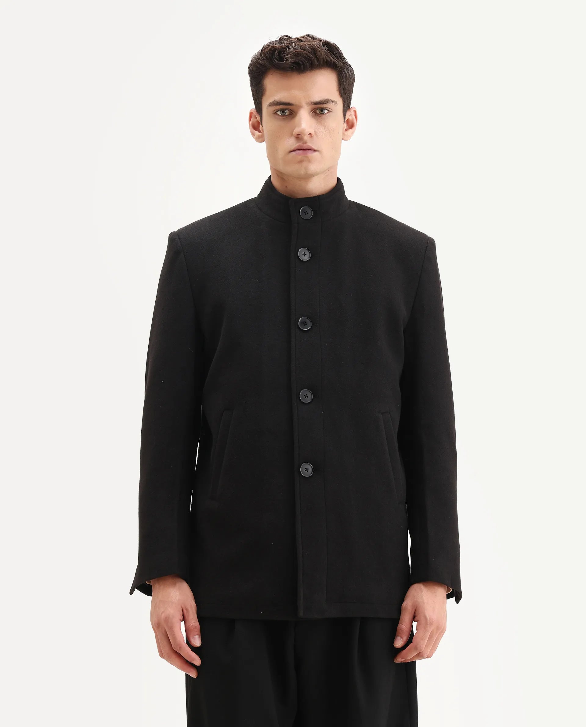 Rare Rabbit Men's Fanzo-25 Black Polyester Blend Fabric High Neck Regular Plain Coat