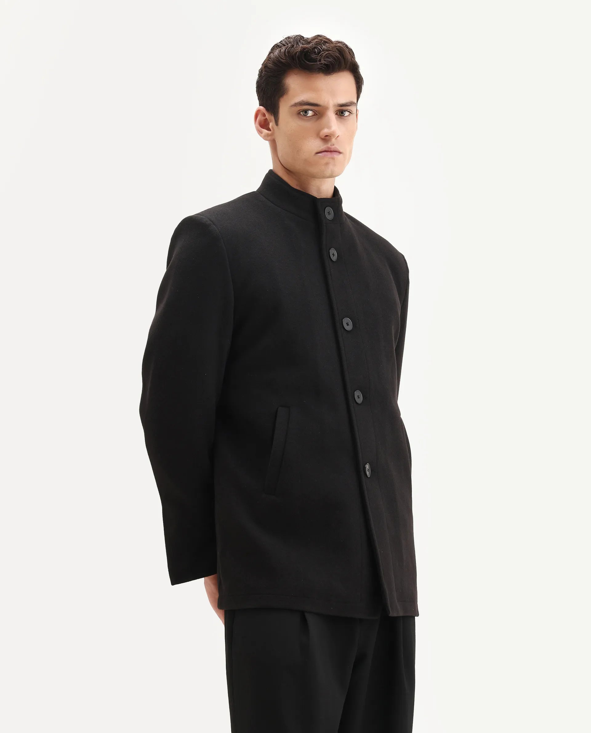 Rare Rabbit Men's Fanzo-25 Black Polyester Blend Fabric High Neck Regular Plain Coat