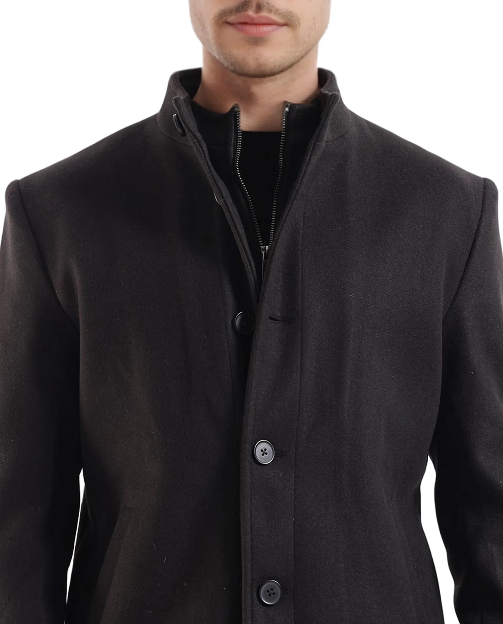 Rare Rabbit Men Fanzo Black Polyester Rayon Fabric Full Sleeve Curved Collar Plain Coat
