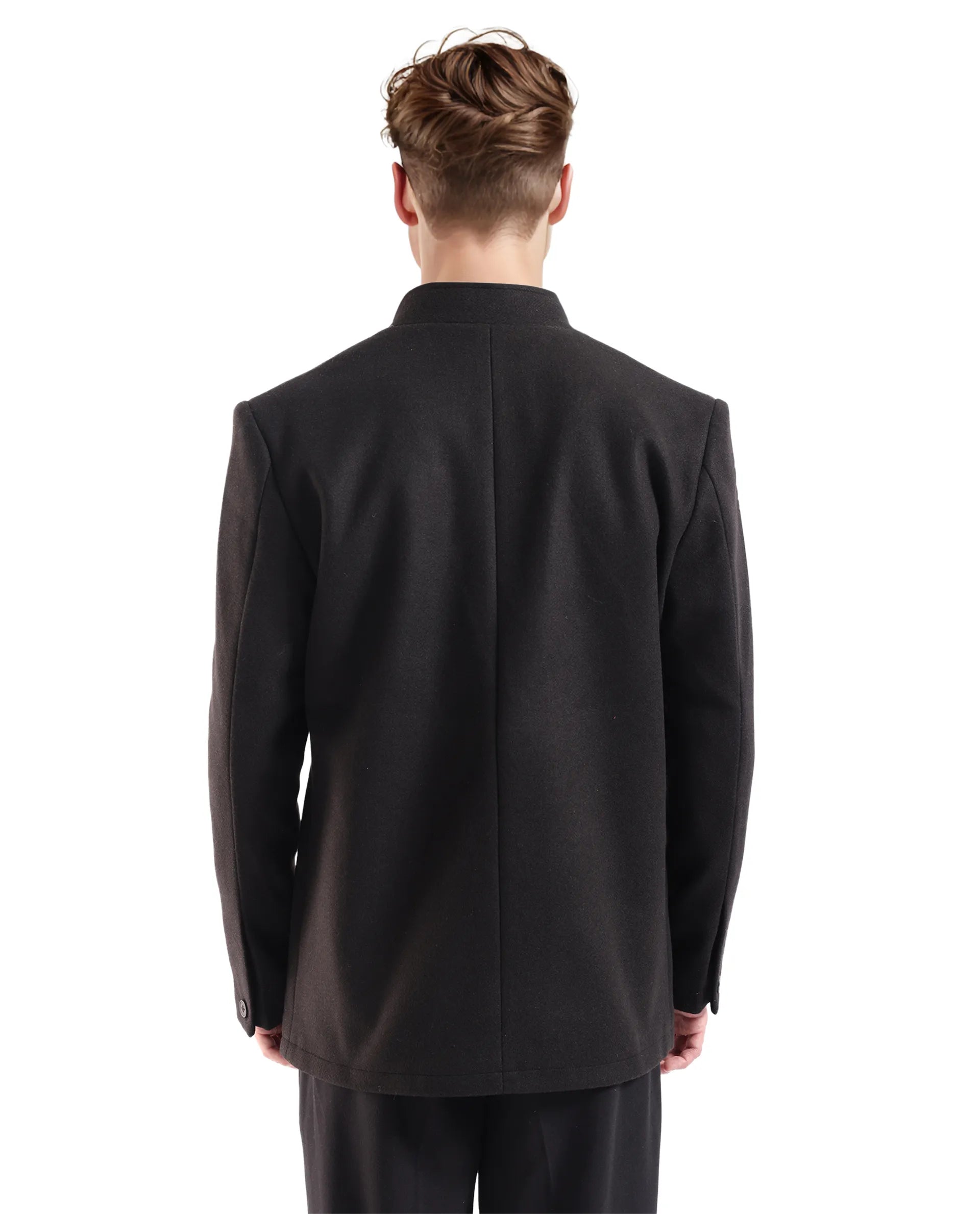 Rare Rabbit Men Fanzo Black Polyester Rayon Fabric Full Sleeve Curved Collar Plain Coat