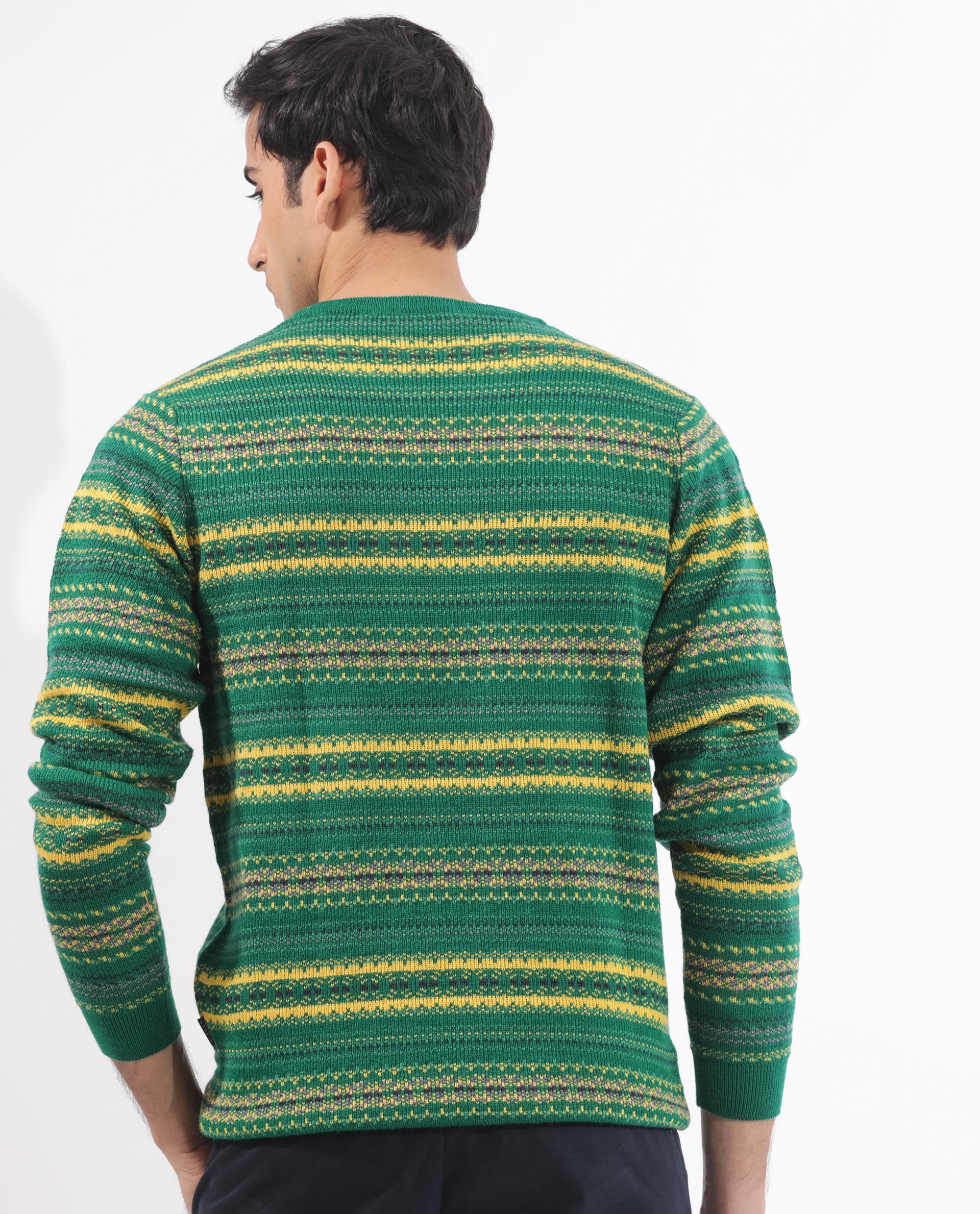 Rare Rabbit Mens Fare Green Full Sleeve Crew Neck Stripe Sweater