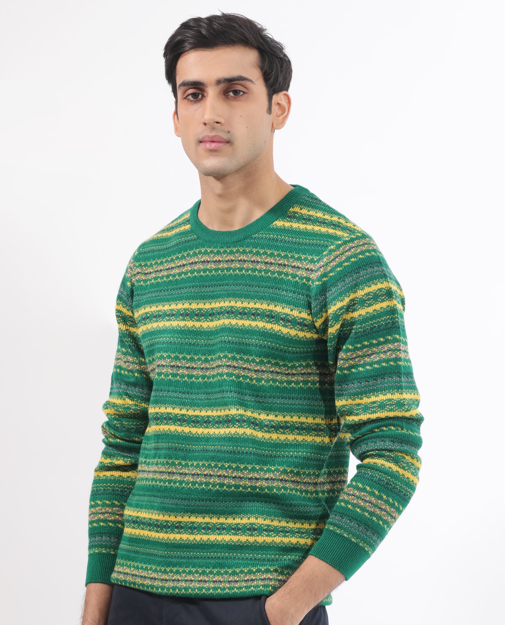 Rare Rabbit Mens Fare Green Full Sleeve Crew Neck Stripe Sweater