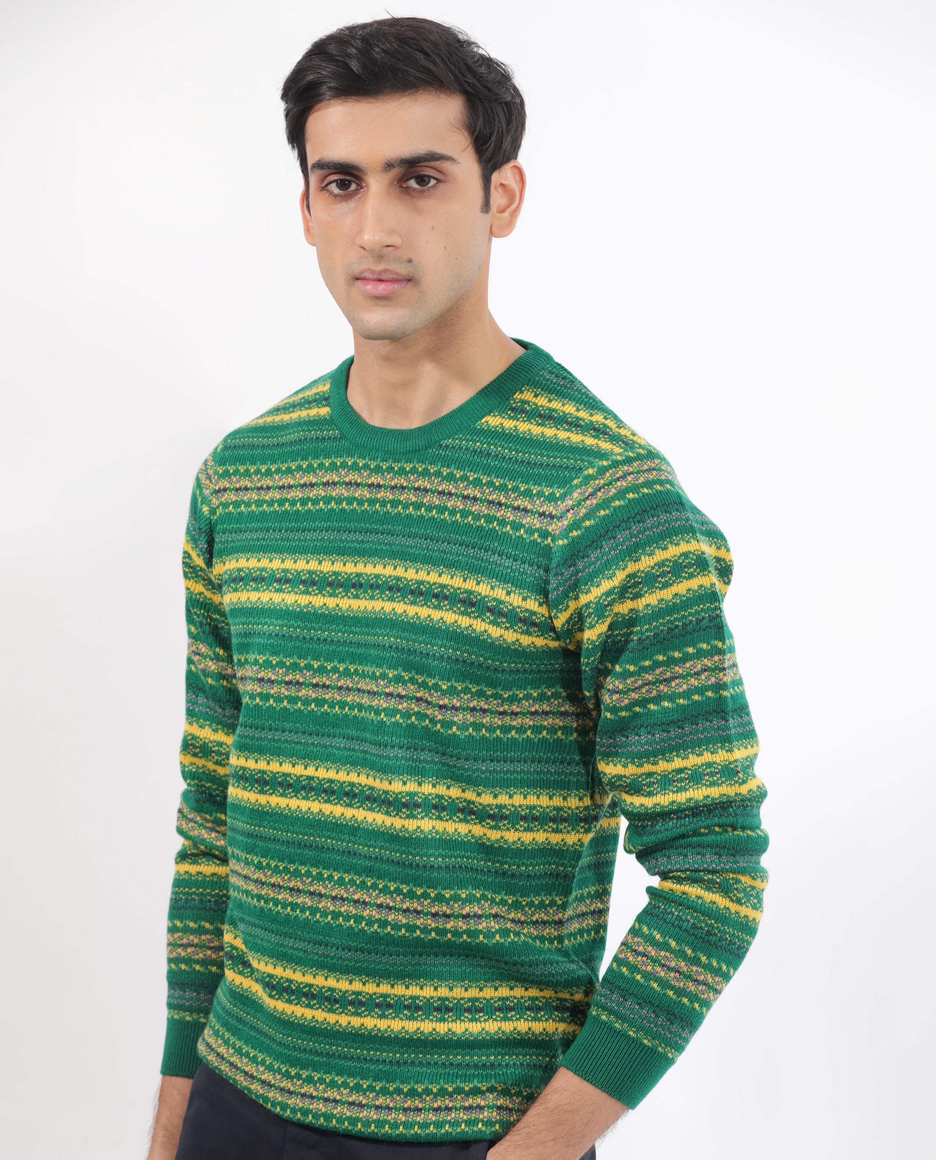 Rare Rabbit Mens Fare Green Full Sleeve Crew Neck Stripe Sweater