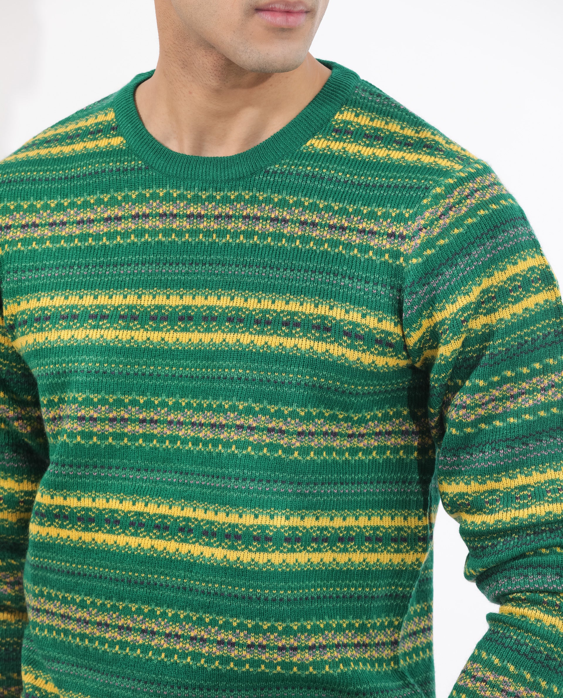 Rare Rabbit Mens Fare Green Full Sleeve Crew Neck Stripe Sweater