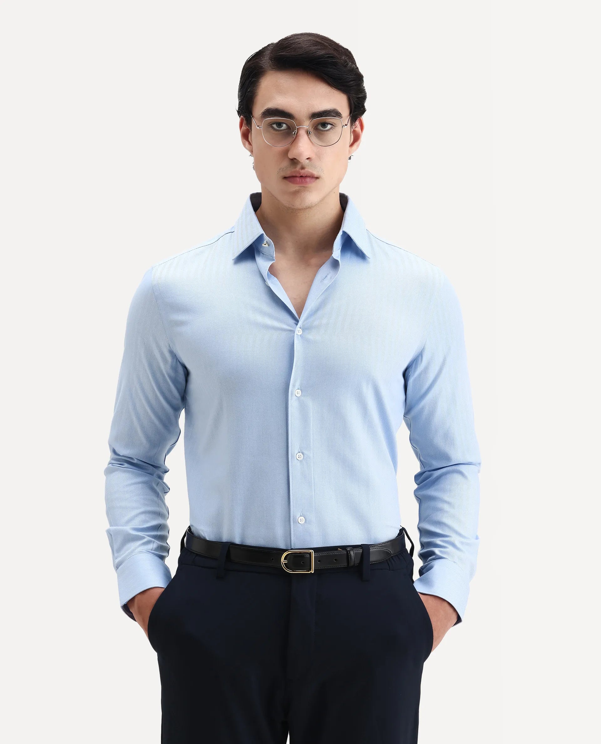 Rare Rabbit Men's Fargo Blue Plain Regular Fit Full Sleeve Collared Shirt