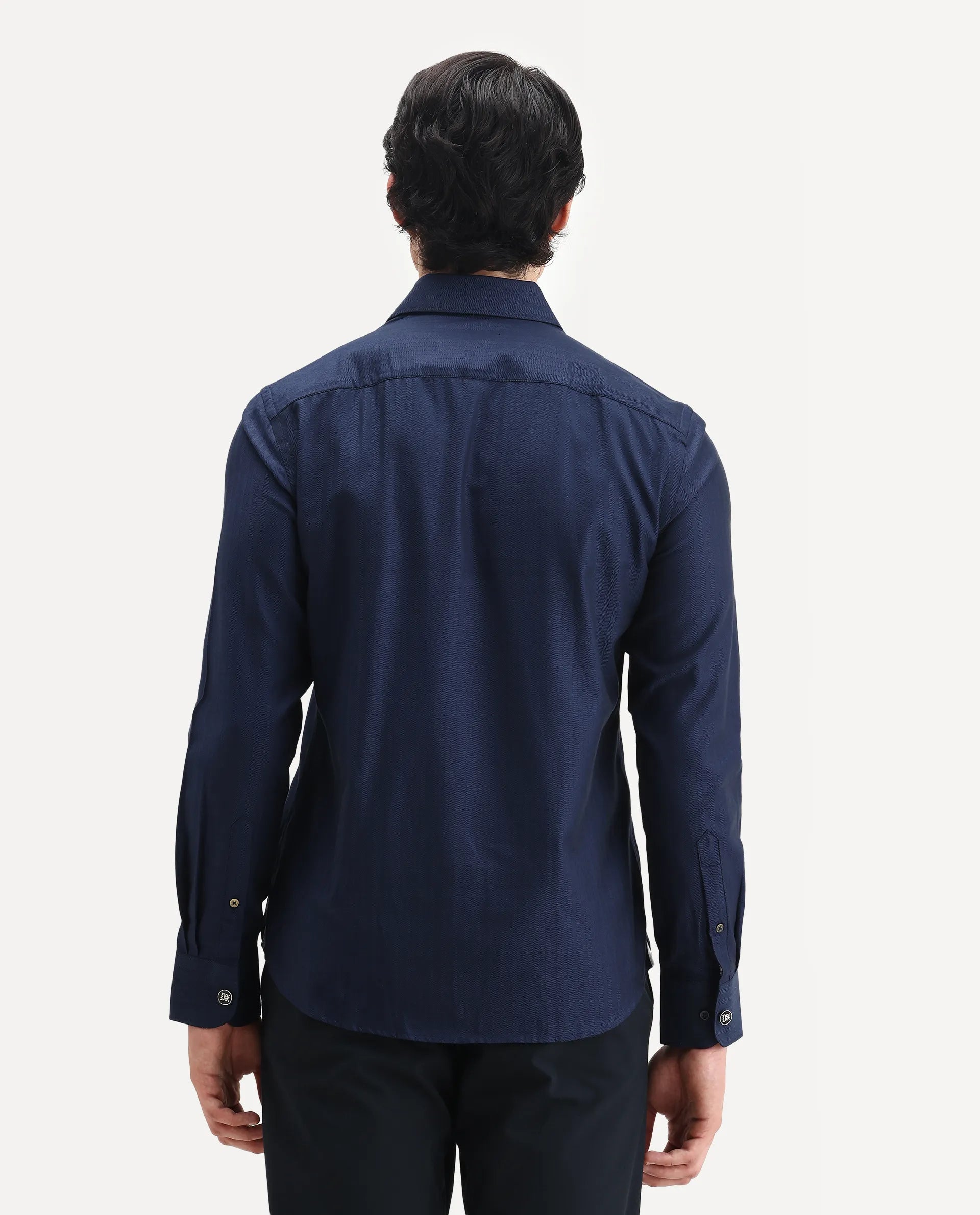 Rare Rabbit Men's Fargo Dark Navy Cotton Plain Regular Fit Full Sleeve Collared Shirt