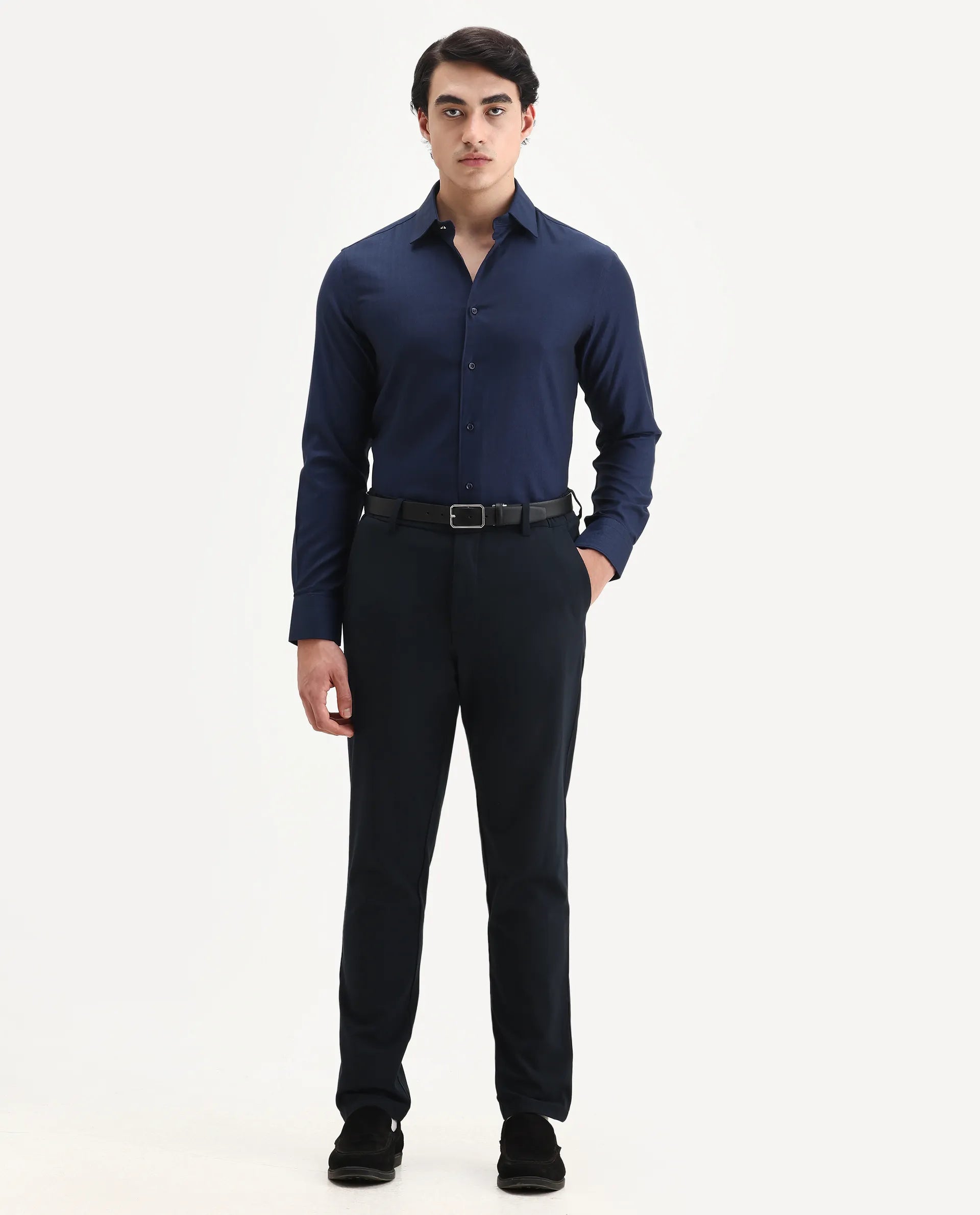 Rare Rabbit Men's Fargo Dark Navy Cotton Plain Regular Fit Full Sleeve Collared Shirt