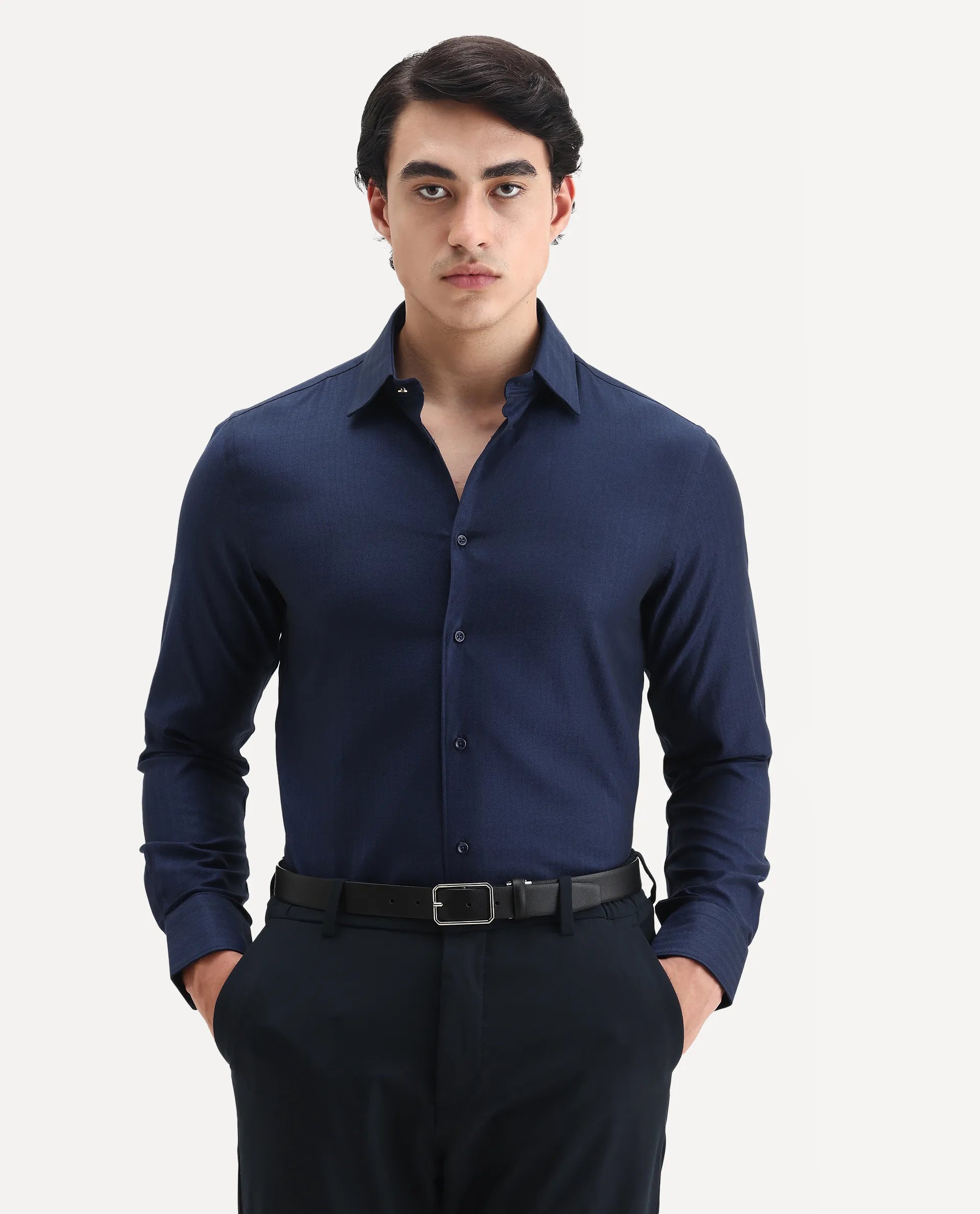 Rare Rabbit Men's Fargo Dark Navy Cotton Plain Regular Fit Full Sleeve Collared Shirt