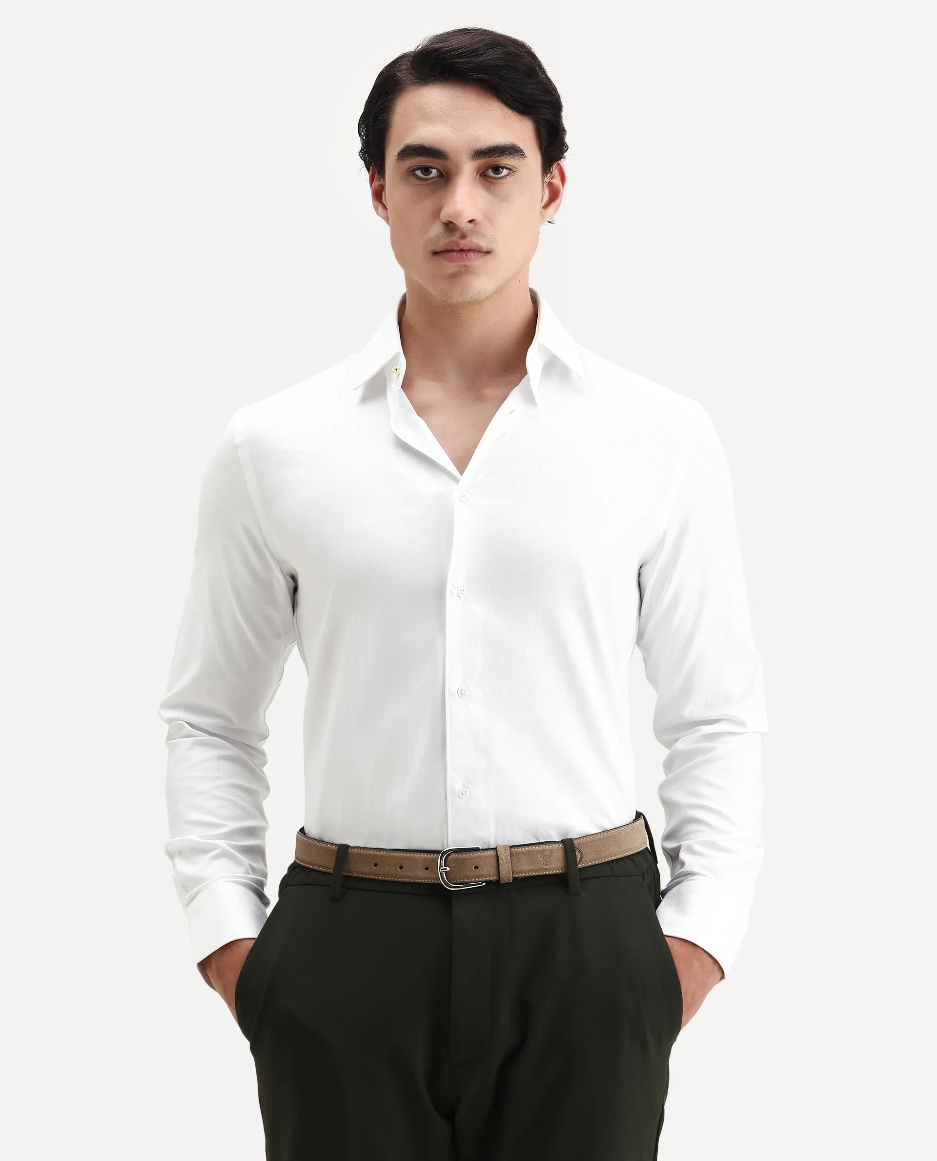 Rare Rabbit Men's Fargo White Cotton Plain Regular Fit Full Sleeve Collared Shirt