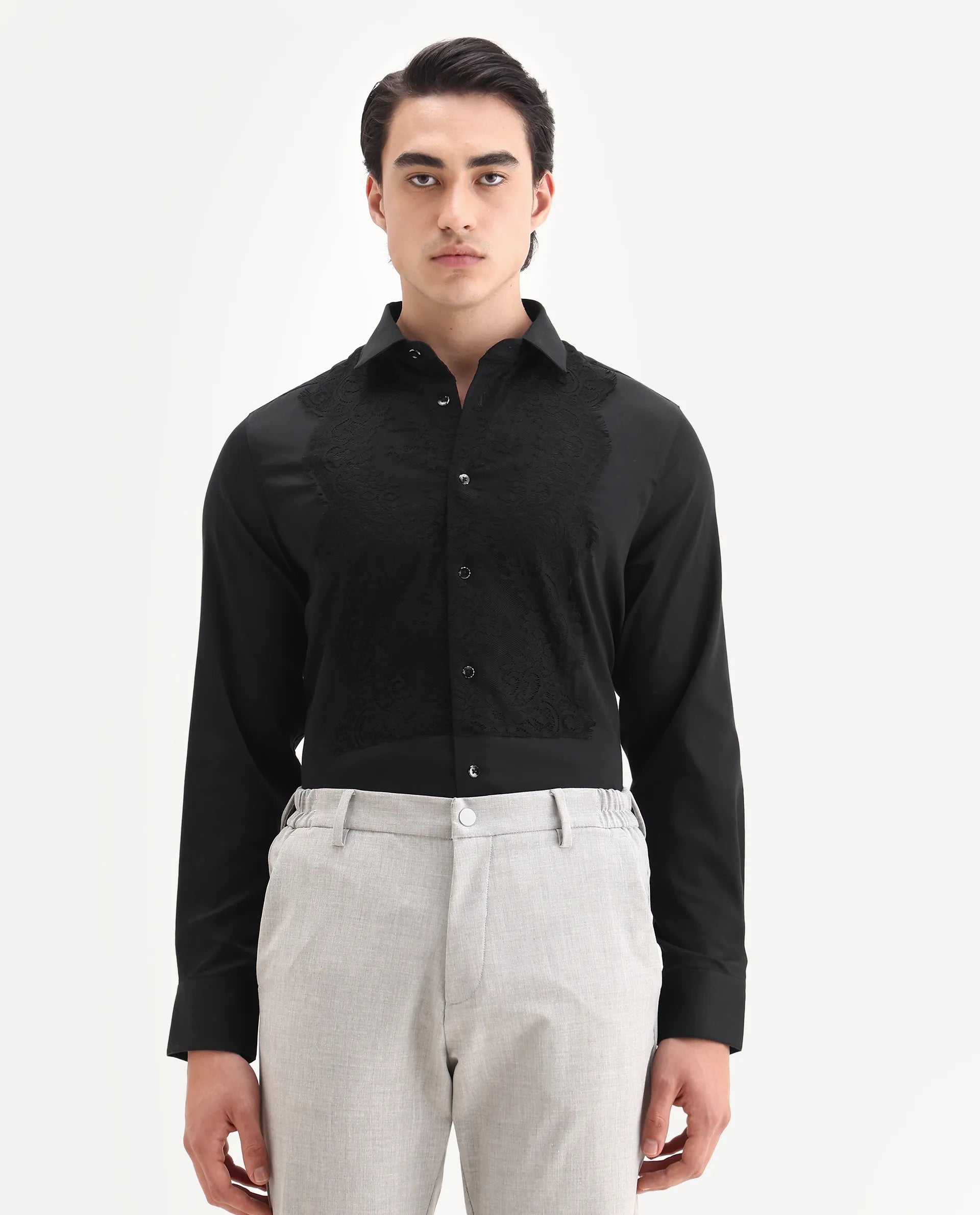 Rare Rabbit Men's Faro-2 Black Cotton Embroidered Regular Fit Full Sleeve Collared Shirt