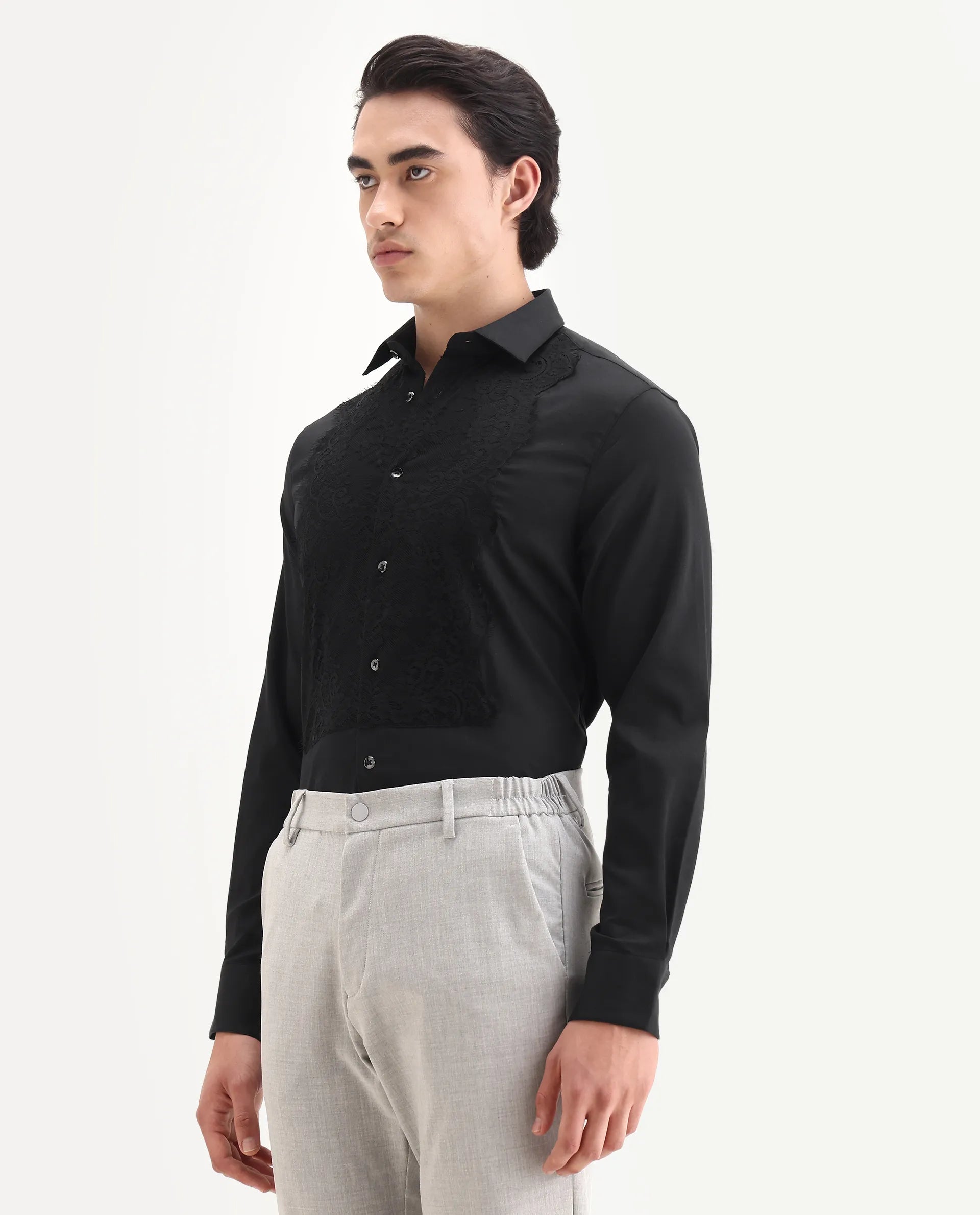 Rare Rabbit Men's Faro-2 Black Cotton Embroidered Regular Fit Full Sleeve Collared Shirt