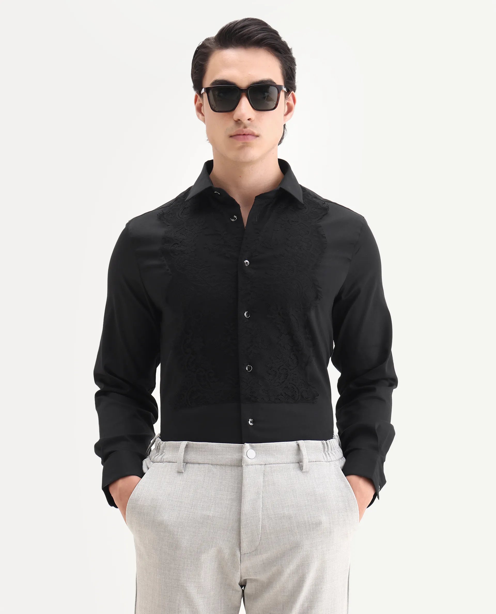 Rare Rabbit Men's Faro-2 Black Cotton Embroidered Regular Fit Full Sleeve Collared Shirt