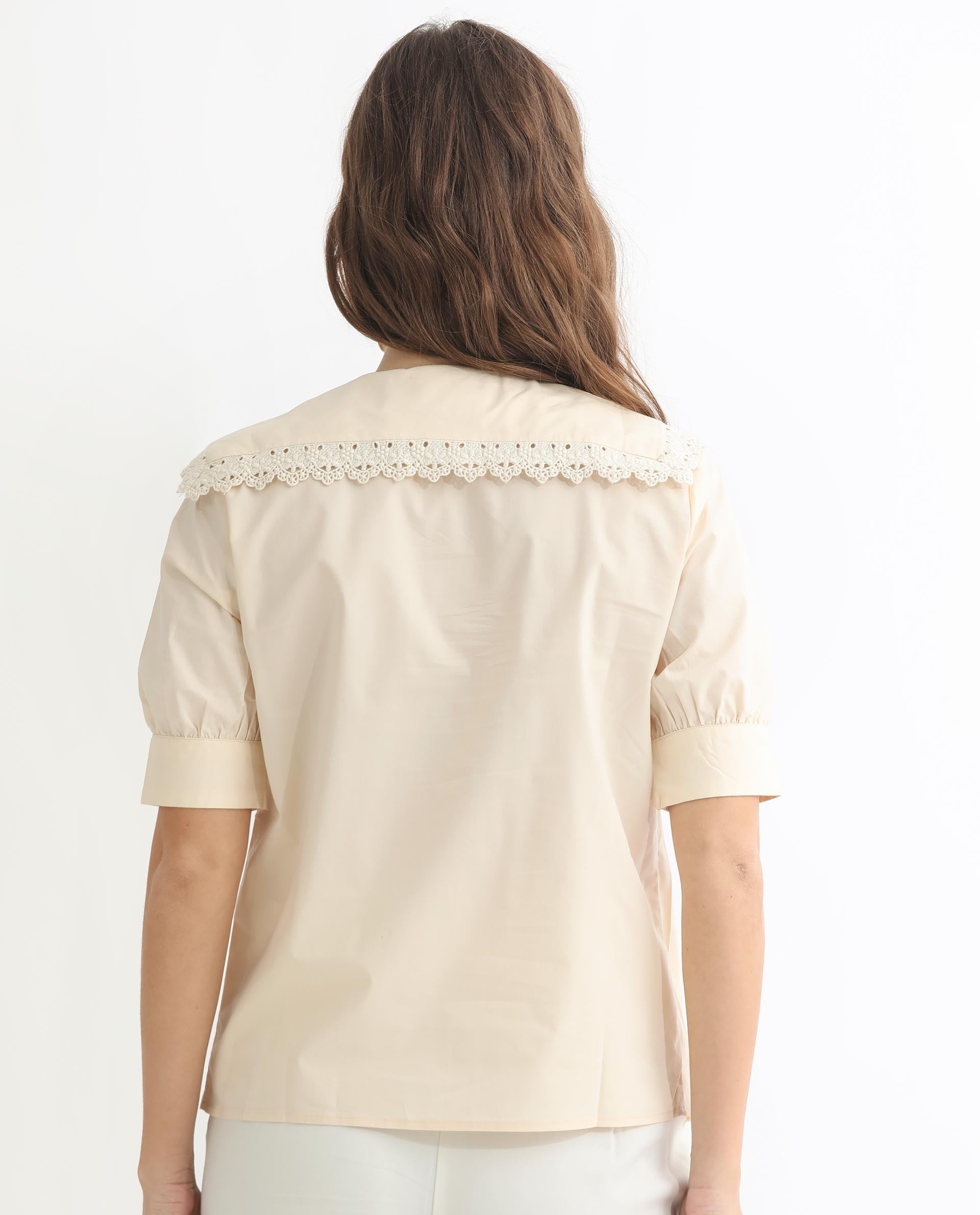 Rareism Women Farse Light Beige Polyester Fabric Regular Fit Shirt Collar Half Sleeves Solid Top