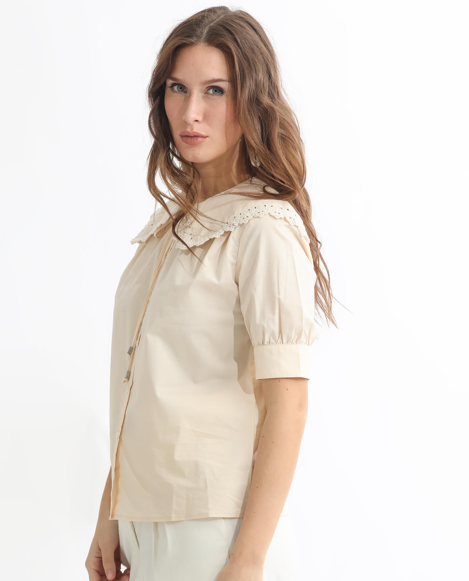 Rareism Women Farse Light Beige Polyester Fabric Regular Fit Shirt Collar Half Sleeves Solid Top