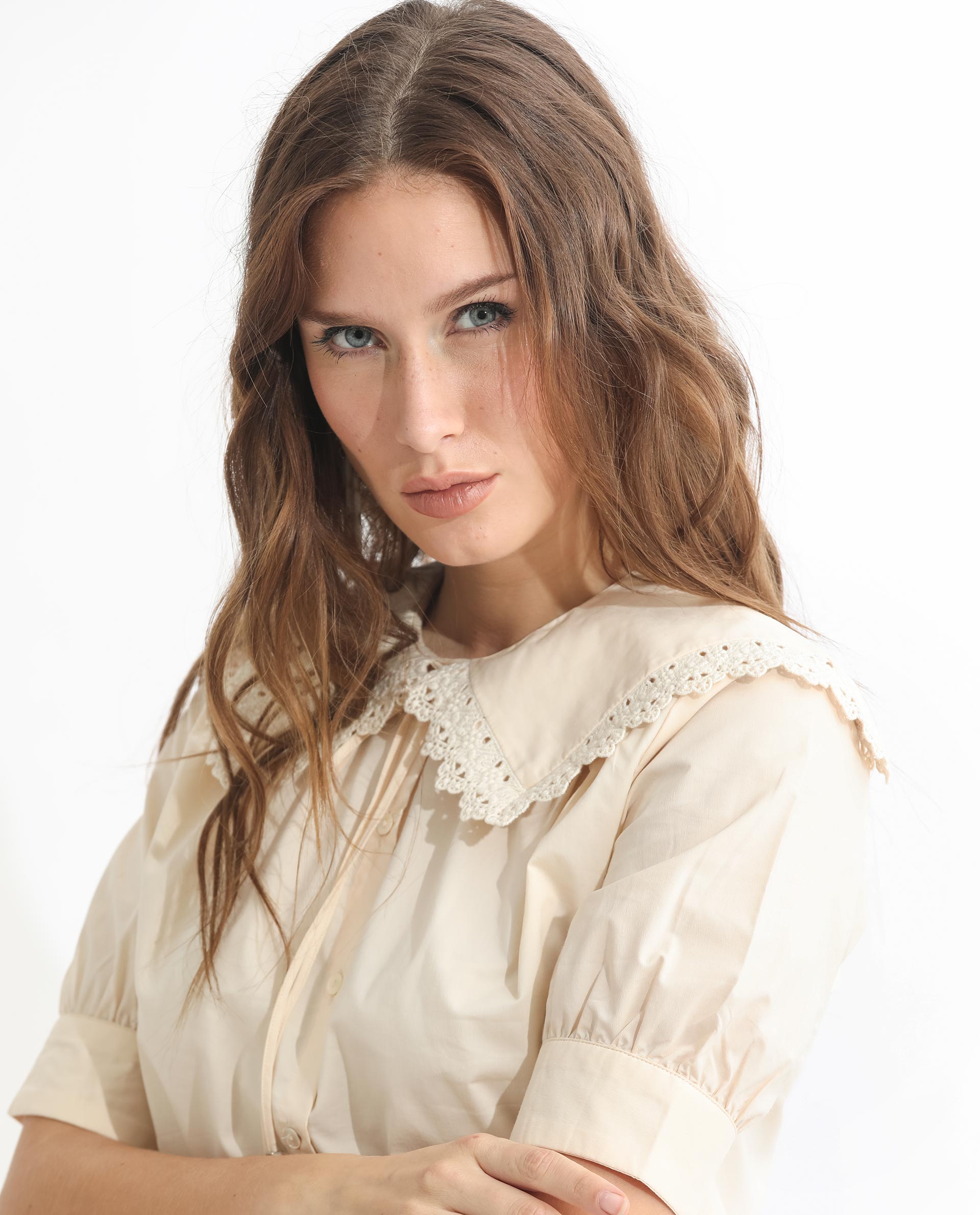 Rareism Women Farse Light Beige Polyester Fabric Regular Fit Shirt Collar Half Sleeves Solid Top