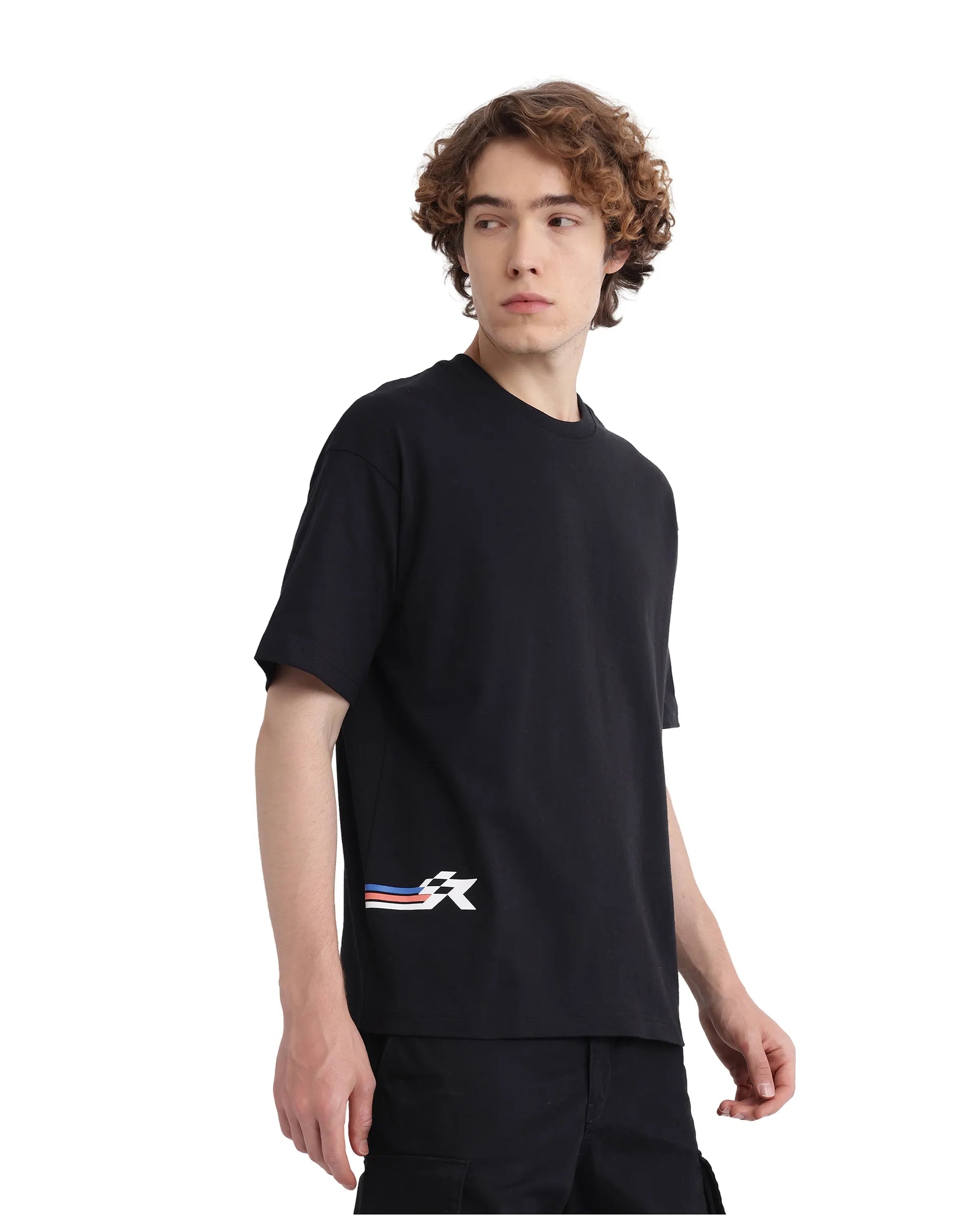 Rare Rabbit Men Fast Black Cotton Fabric Short Sleeve Crew Neck Oversized Fit HD Print T-Shirt