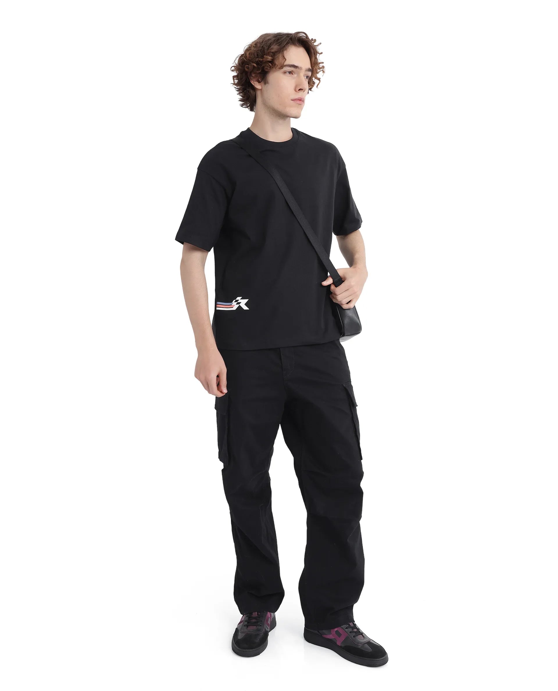 Rare Rabbit Men Fast Black Cotton Fabric Short Sleeve Crew Neck Oversized Fit HD Print T-Shirt