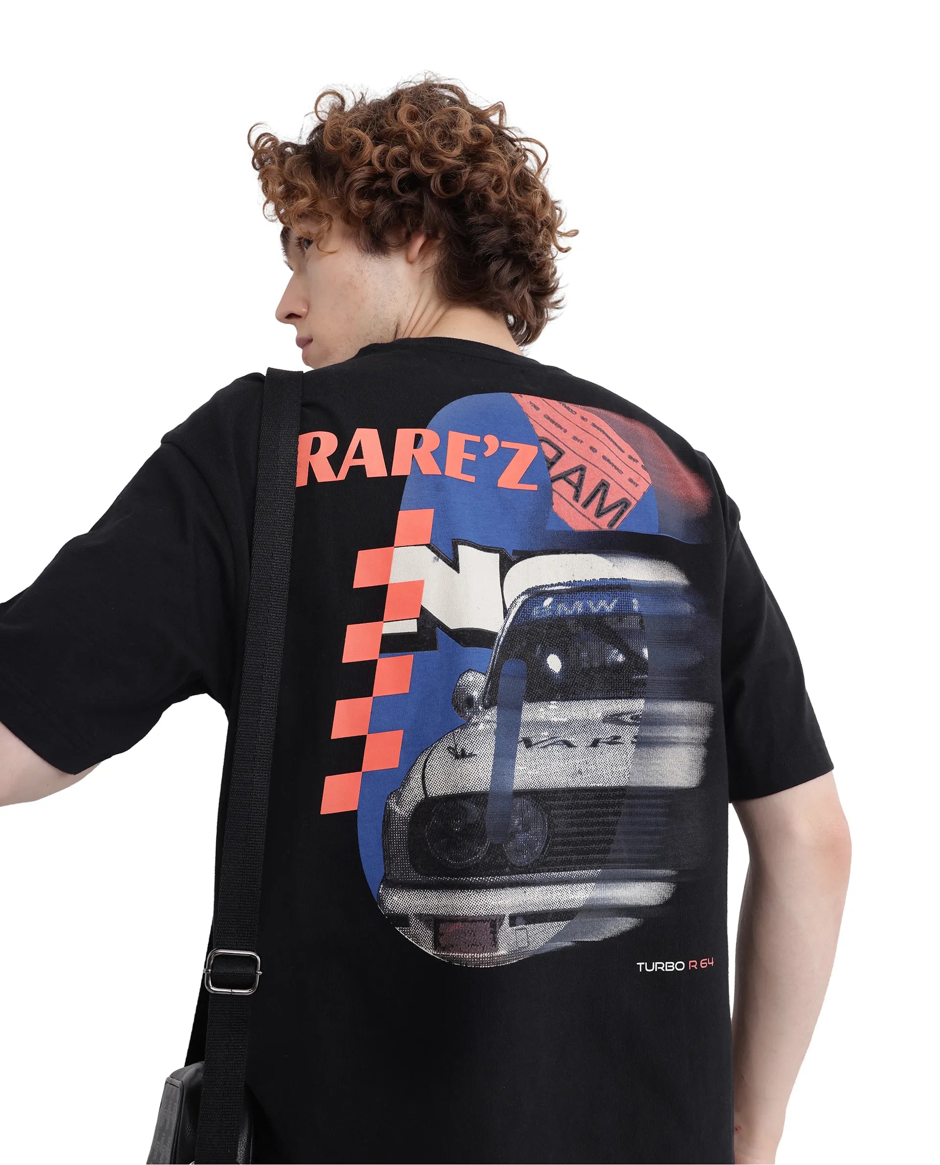 Rare Rabbit Men Fast Black Cotton Fabric Short Sleeve Crew Neck Oversized Fit HD Print T-Shirt