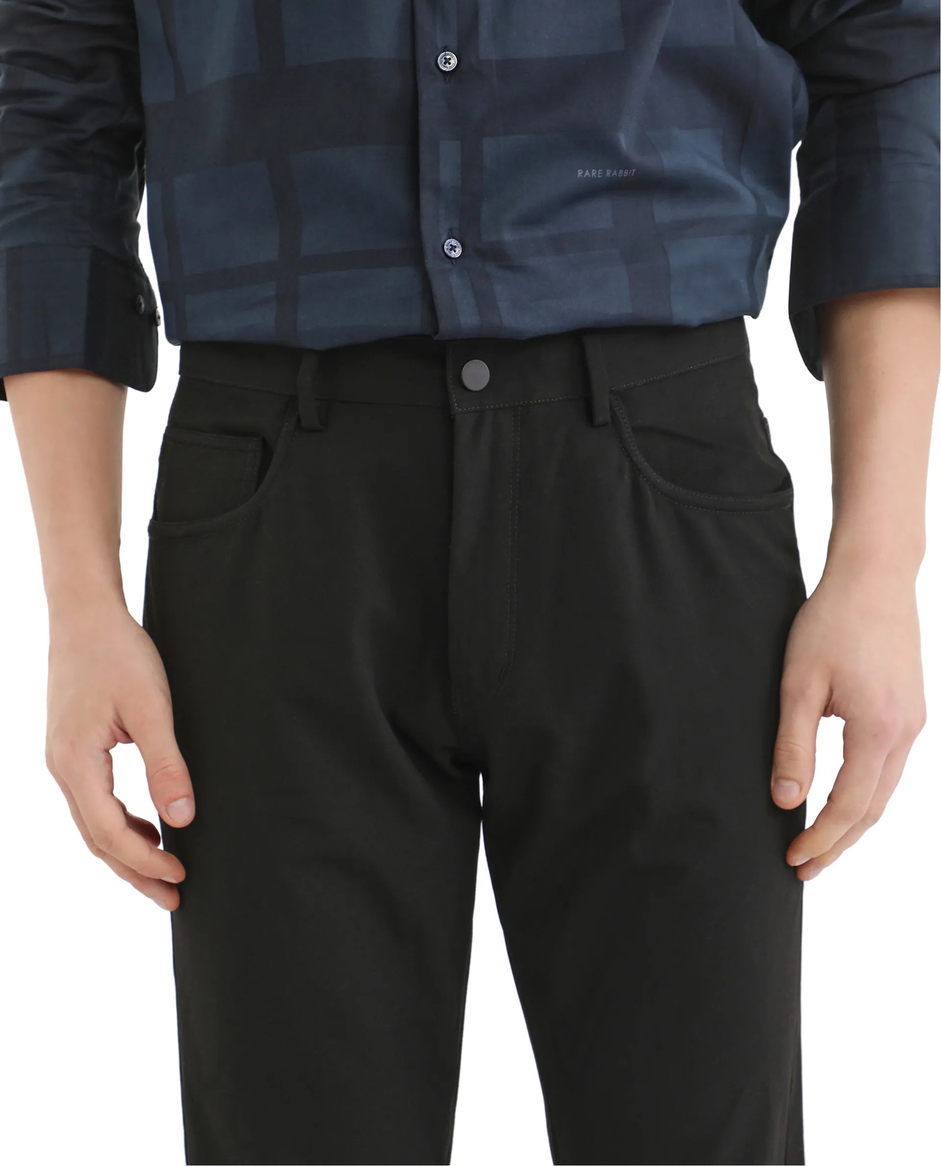 Rare Rabbit Men Fastro Black Button Closure Regular Fit Plain Trouser