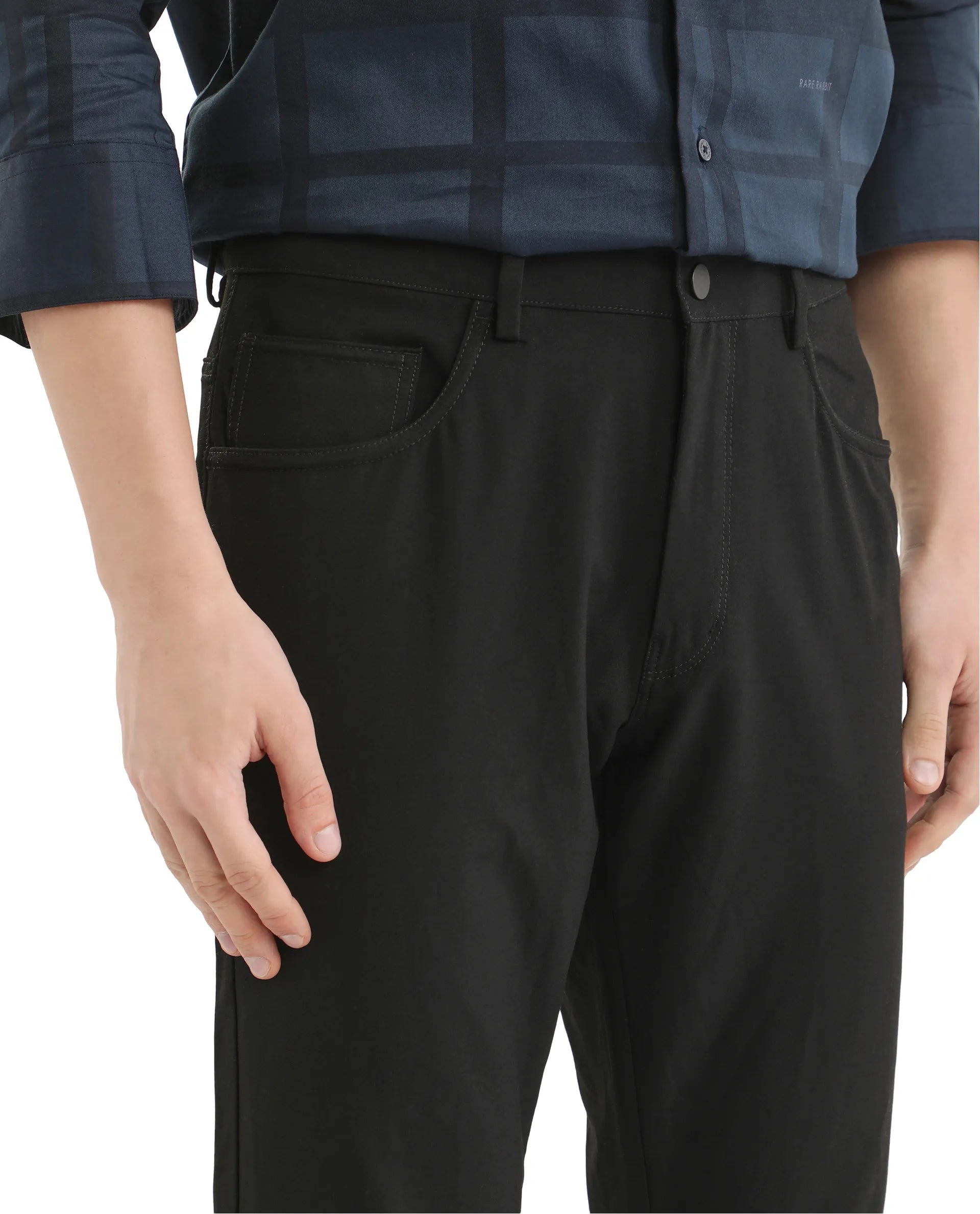 Rare Rabbit Men Fastro Black Button Closure Regular Fit Plain Trouser