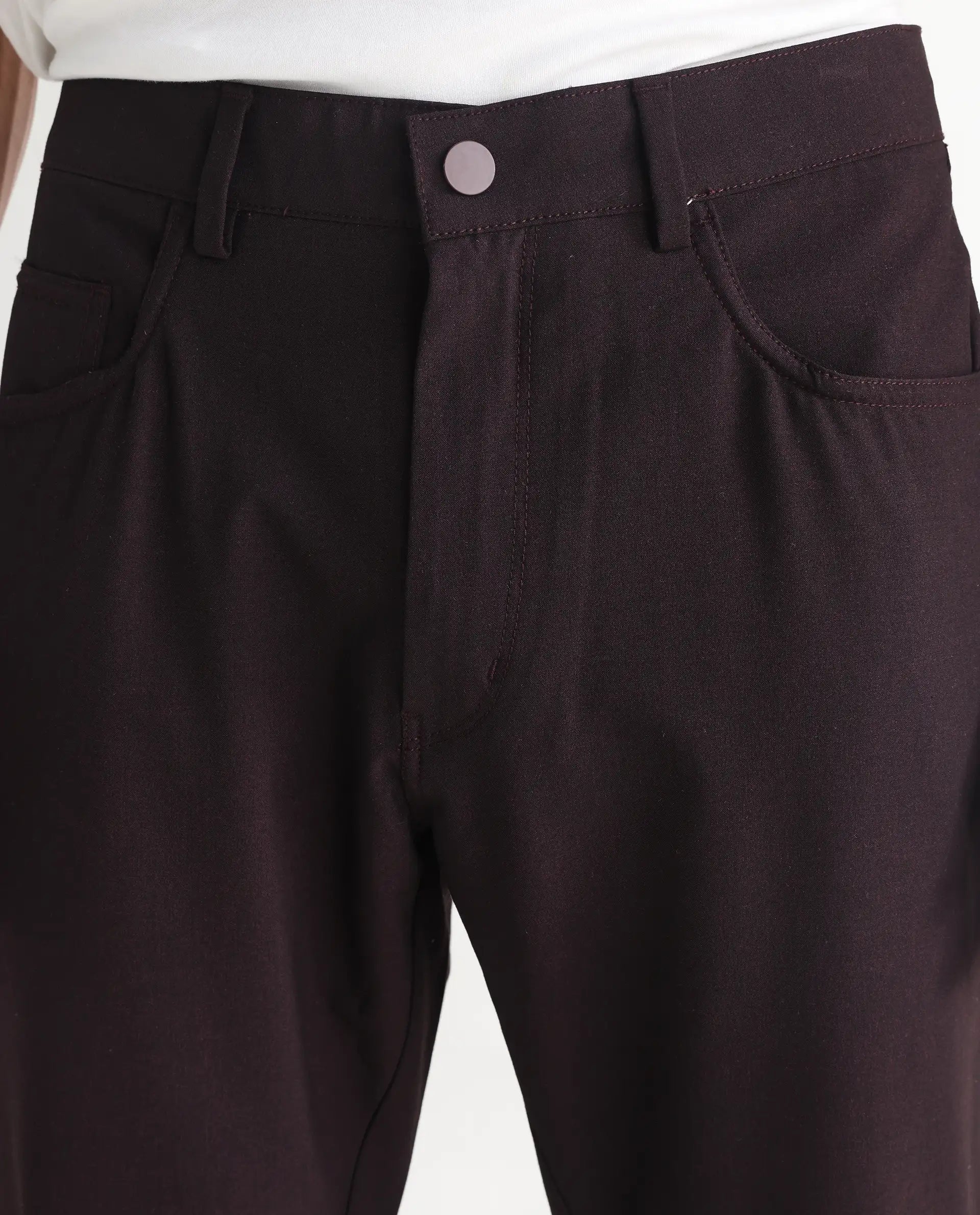 Rare Rabbit Men's Fastro Dark Maroon Cotton Plain Regular Fit Trouser