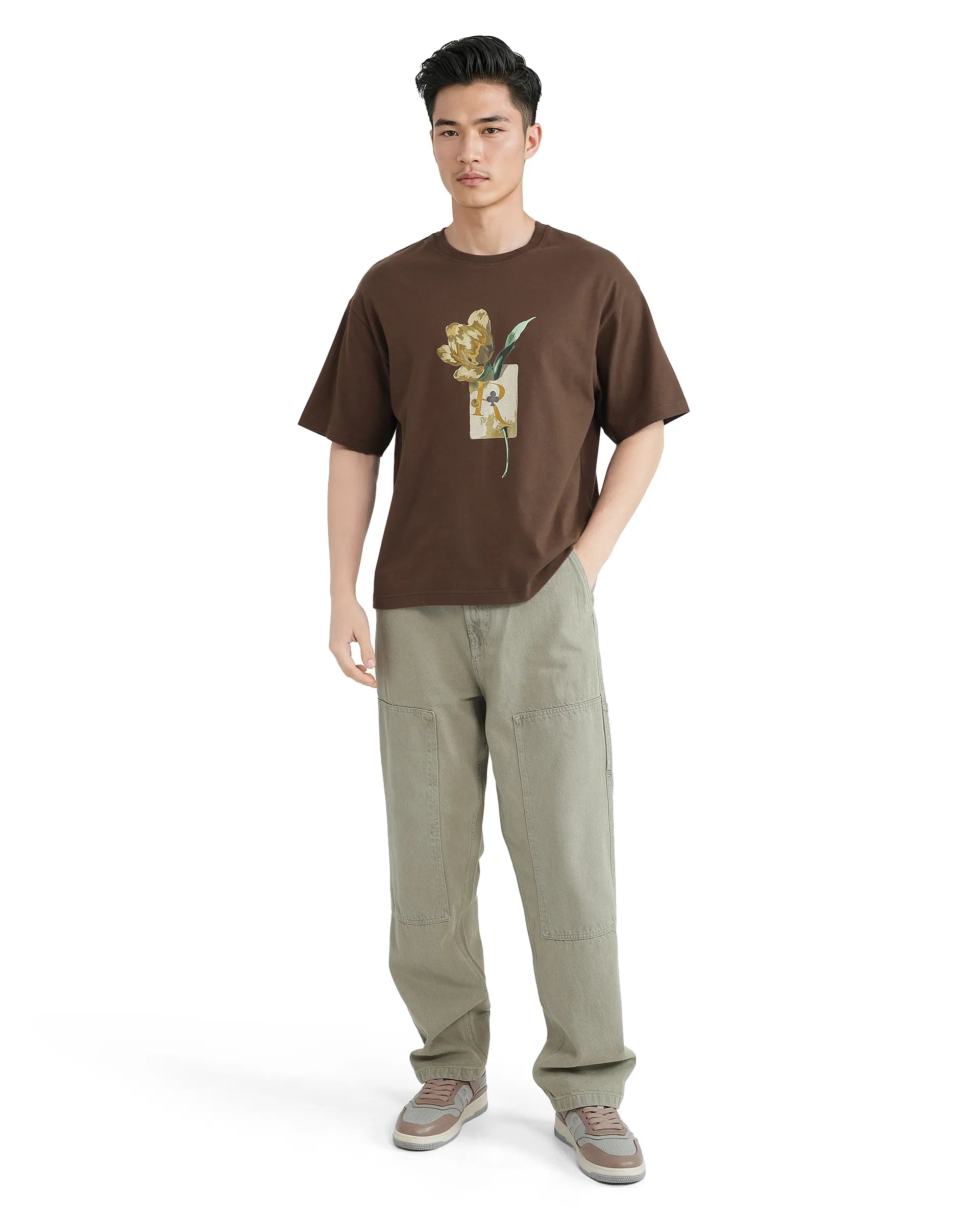 Rare Rabbit Men Faun Brown Cotton Fabric Short Sleeve Crew Neck Oversized Fit Graphic Print T-Shirt