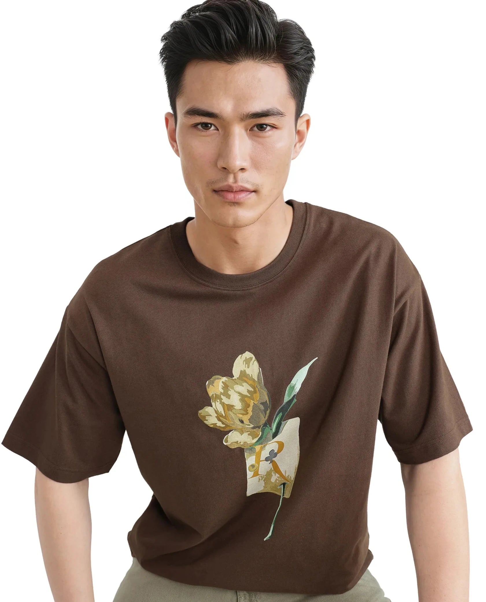 Rare Rabbit Men Faun Brown Cotton Fabric Short Sleeve Crew Neck Oversized Fit Graphic Print T-Shirt