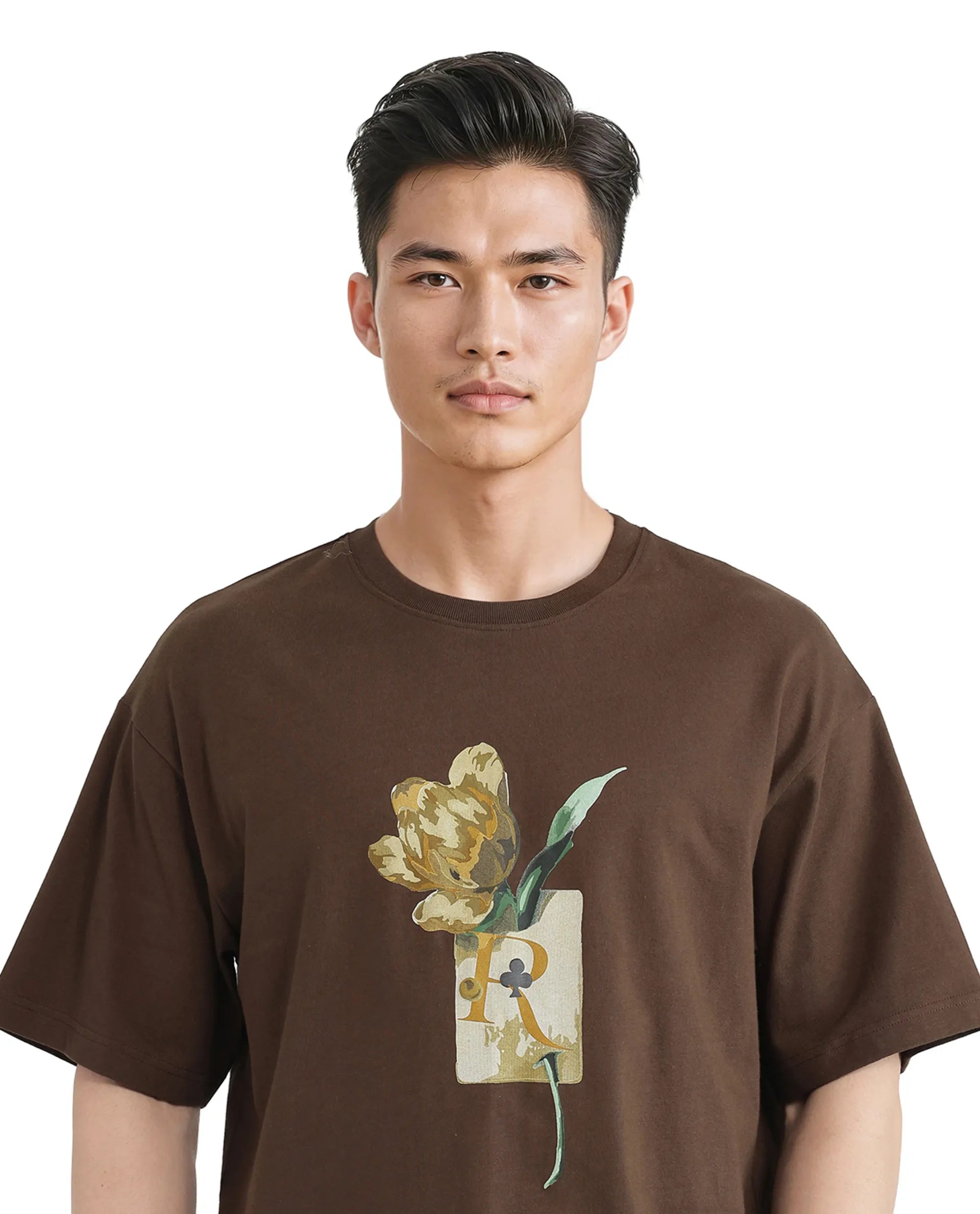 Rare Rabbit Men Faun Brown Cotton Fabric Short Sleeve Crew Neck Oversized Fit Graphic Print T-Shirt