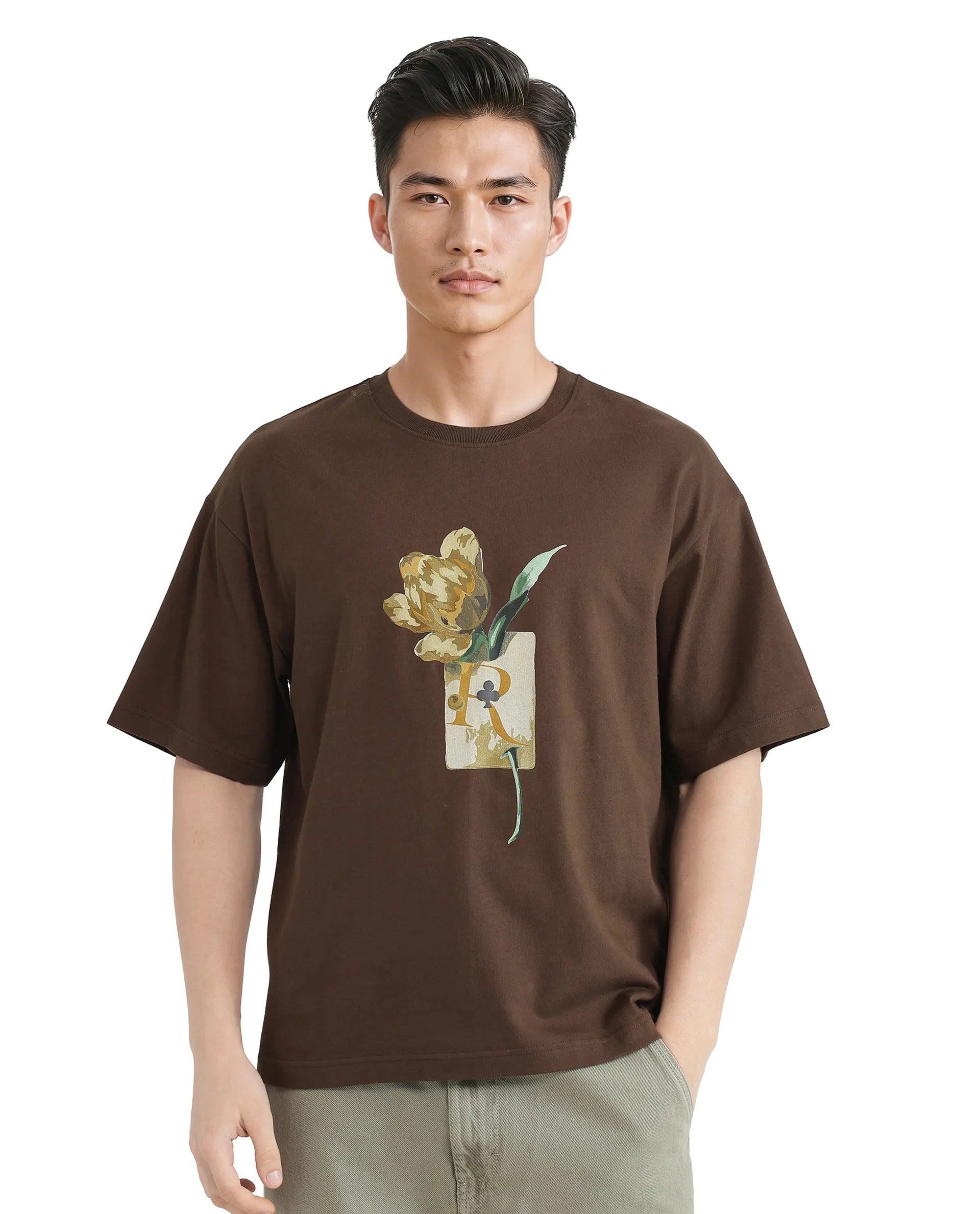 Rare Rabbit Men Faun Brown Cotton Fabric Short Sleeve Crew Neck Oversized Fit Graphic Print T-Shirt