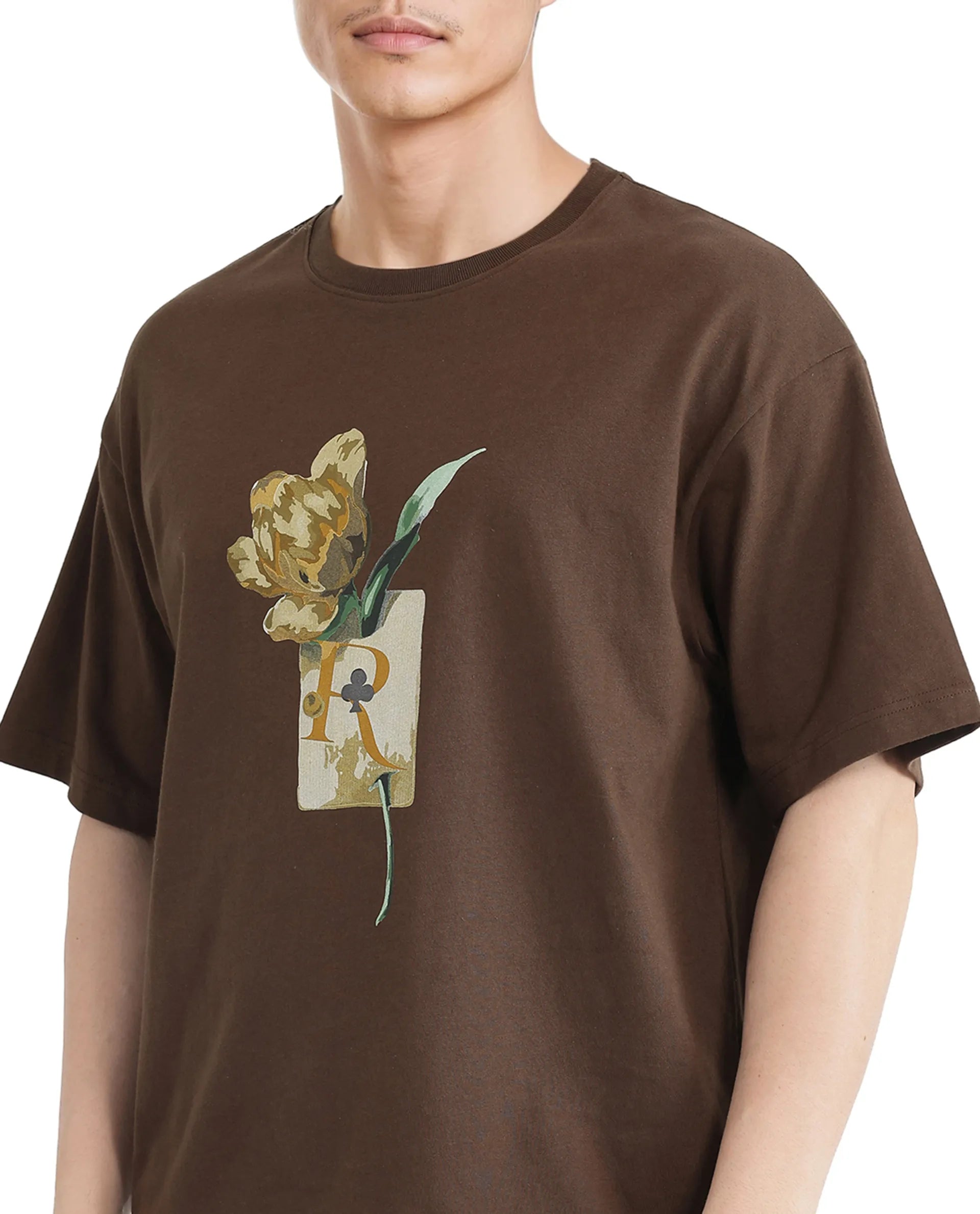 Rare Rabbit Men Faun Brown Cotton Fabric Short Sleeve Crew Neck Oversized Fit Graphic Print T-Shirt