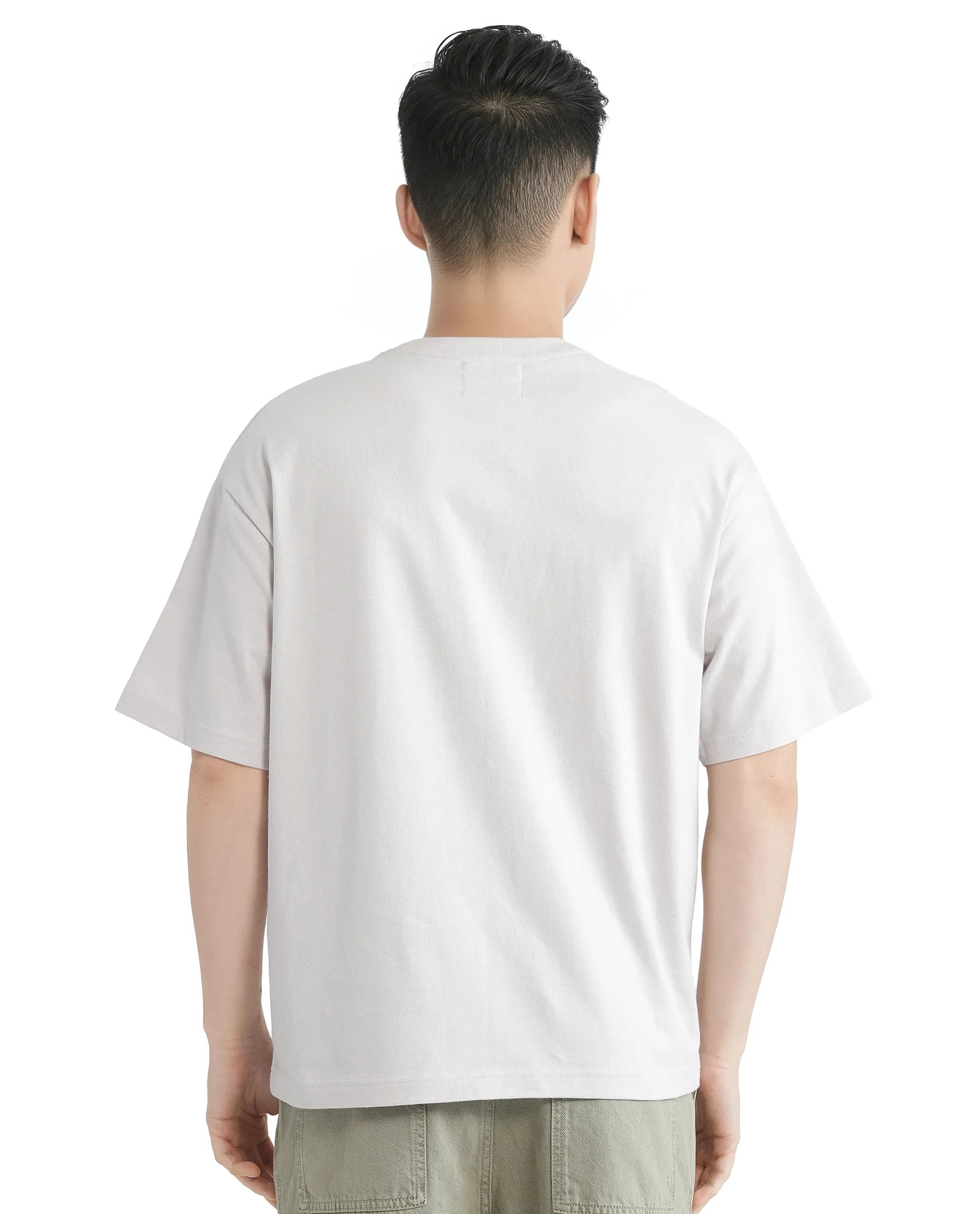 Rare Rabbit Men Faun Light Grey Cotton Fabric Short Sleeve Crew Neck Oversized Fit Graphic Print T-Shirt