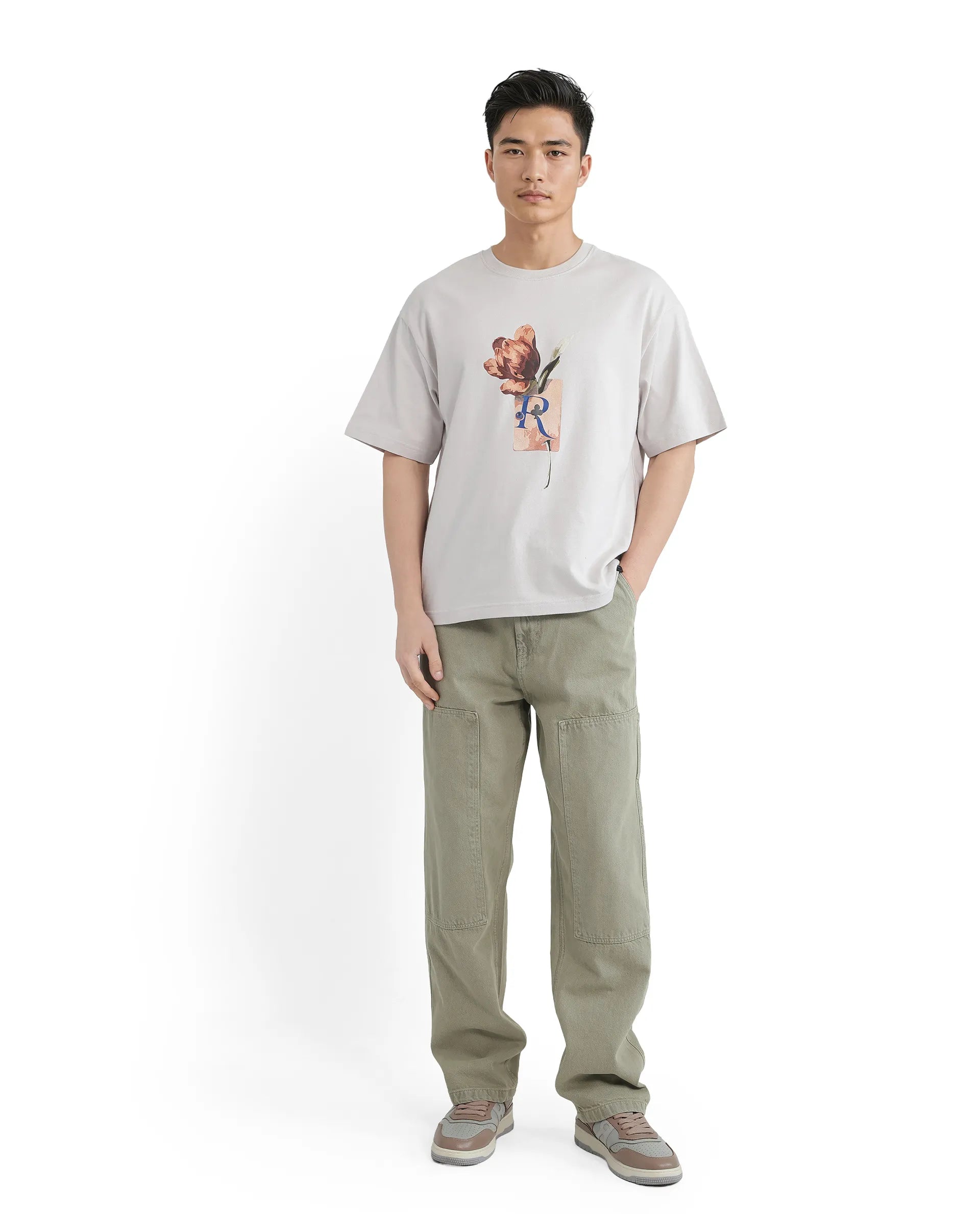 Rare Rabbit Men Faun Light Grey Cotton Fabric Short Sleeve Crew Neck Oversized Fit Graphic Print T-Shirt