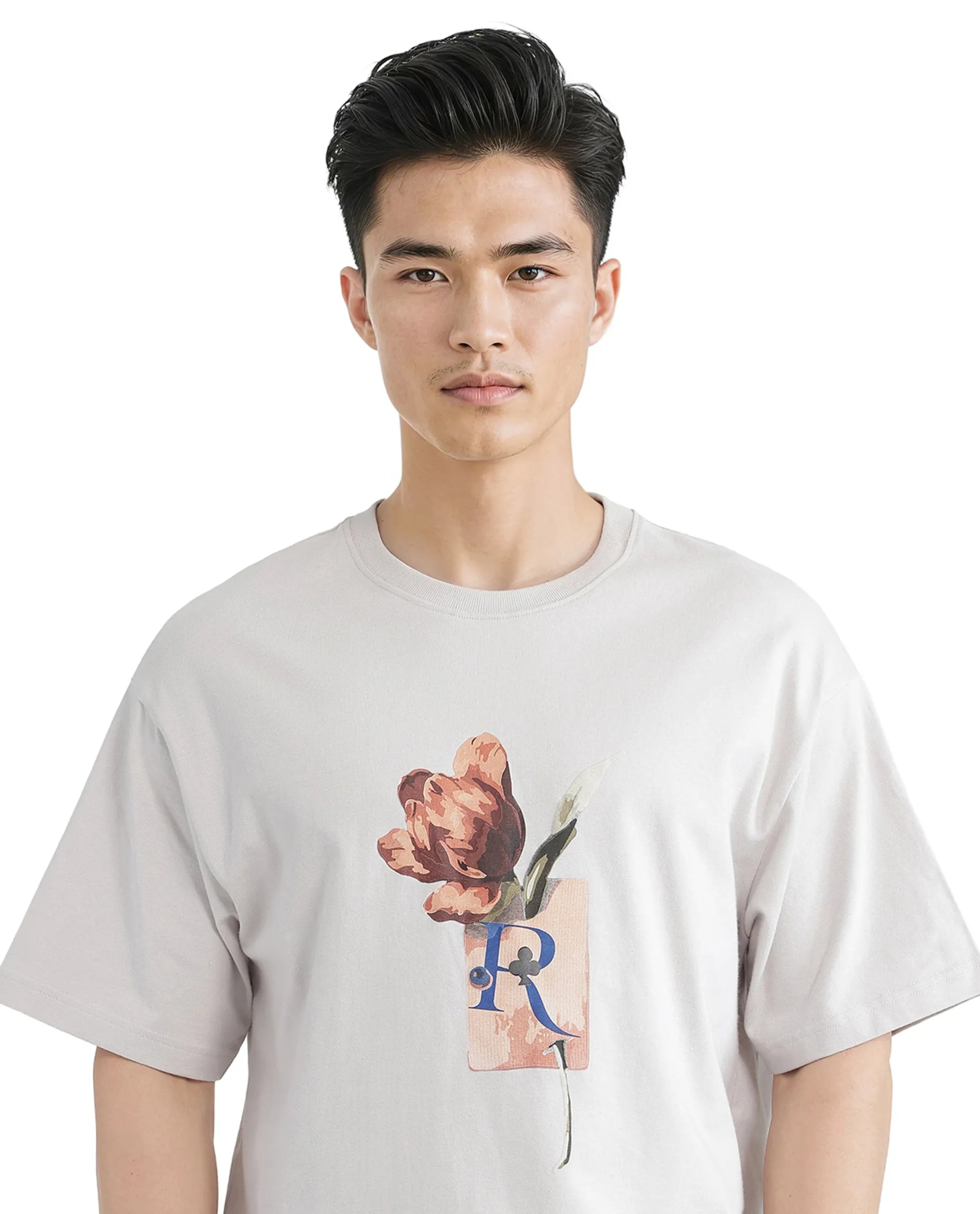 Rare Rabbit Men Faun Light Grey Cotton Fabric Short Sleeve Crew Neck Oversized Fit Graphic Print T-Shirt